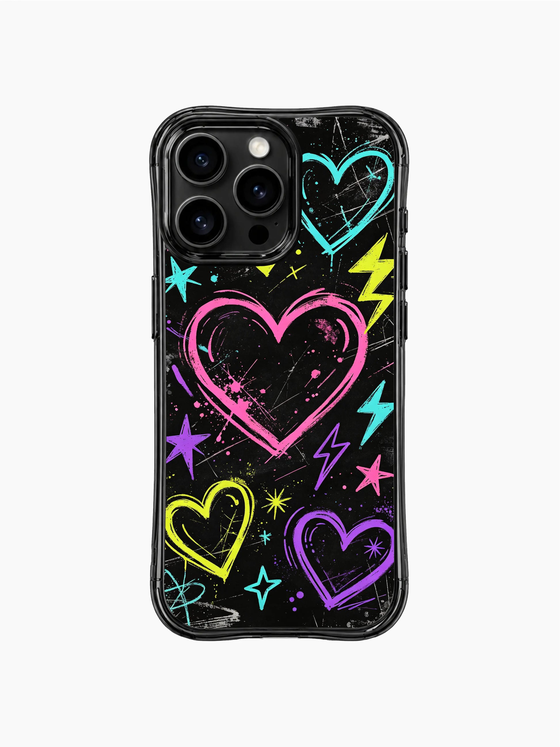 Teen streetwear PhoneCasing iPhone 13 Pro Max case, bold Sweet Rebel Hearts neon sketch design, irregular hand-drawn hearts, lightning and star chaotic details