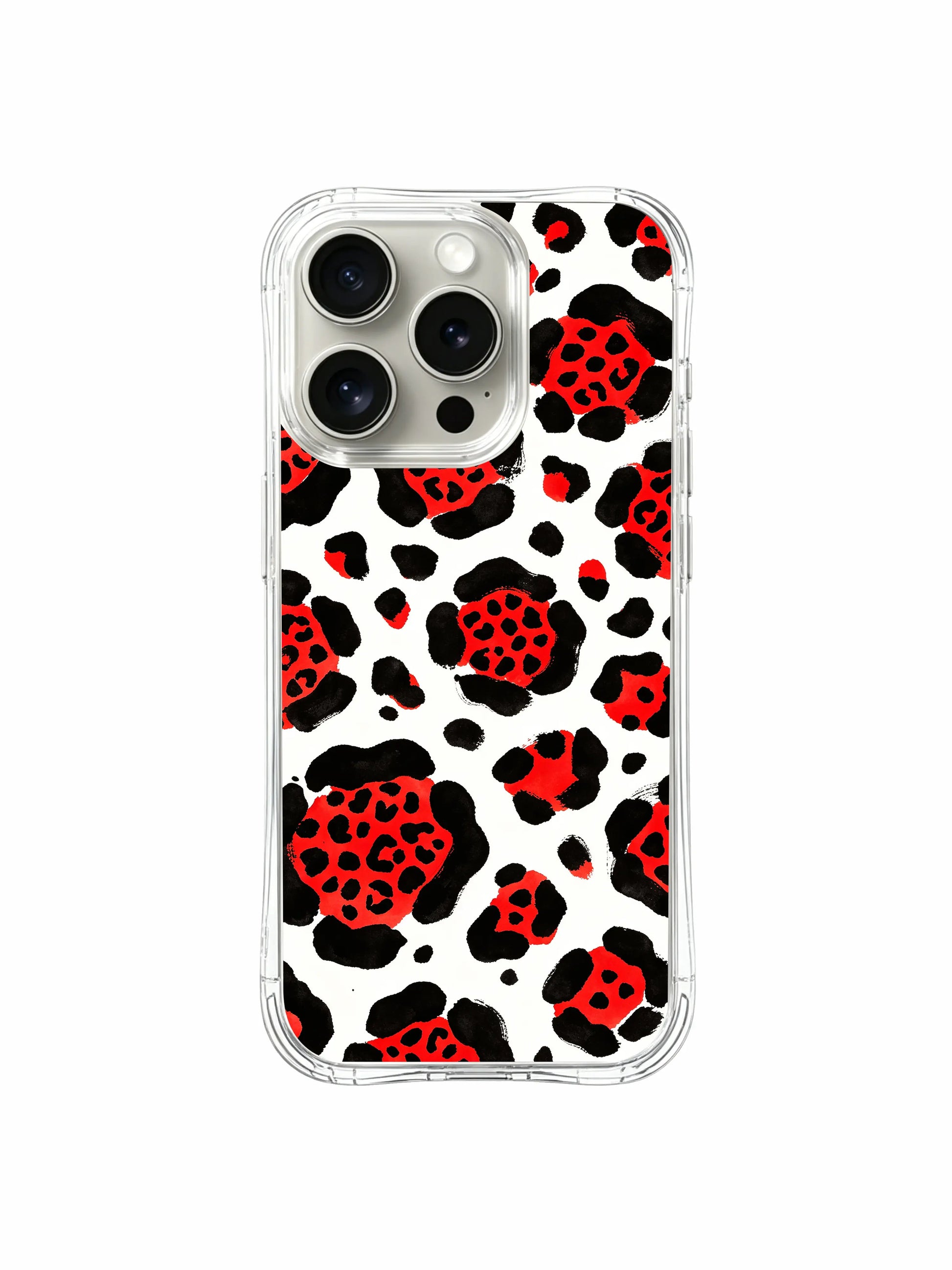 Eye-catching bold red berry leopard iPhone 14 Pro Case from PhoneCasing, expressive wild art gift for fashion and illustration lovers, original hand sketched pattern created by Roxy Wildhart