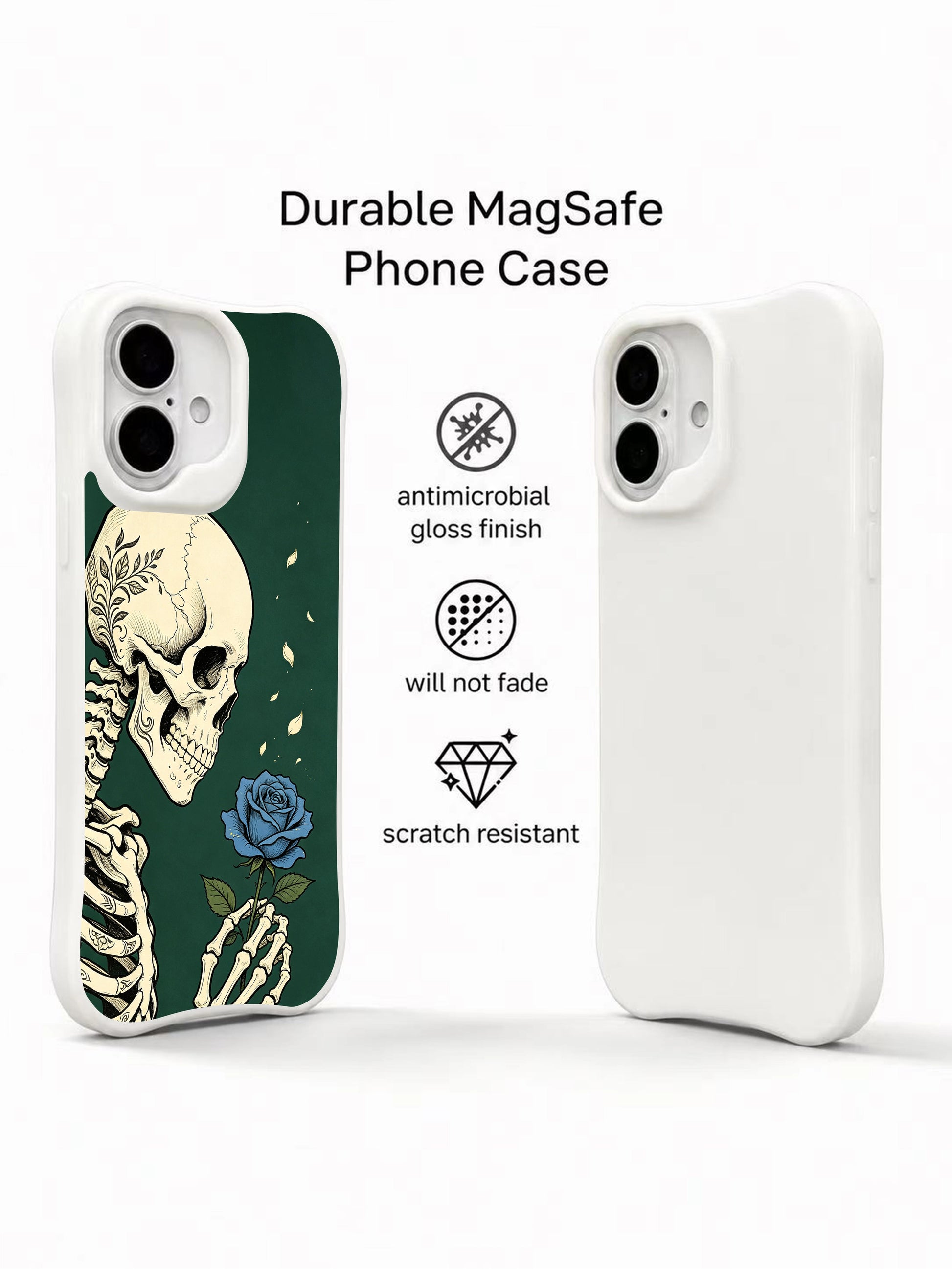 PhoneCasing Bone Blue Bloom goth skeleton iPhone 16 Case, vintage traditional tattoo artwork with single rare blue rose gripped by bony fingers, fade resistant anti-drop protective iPhone 16 cover
