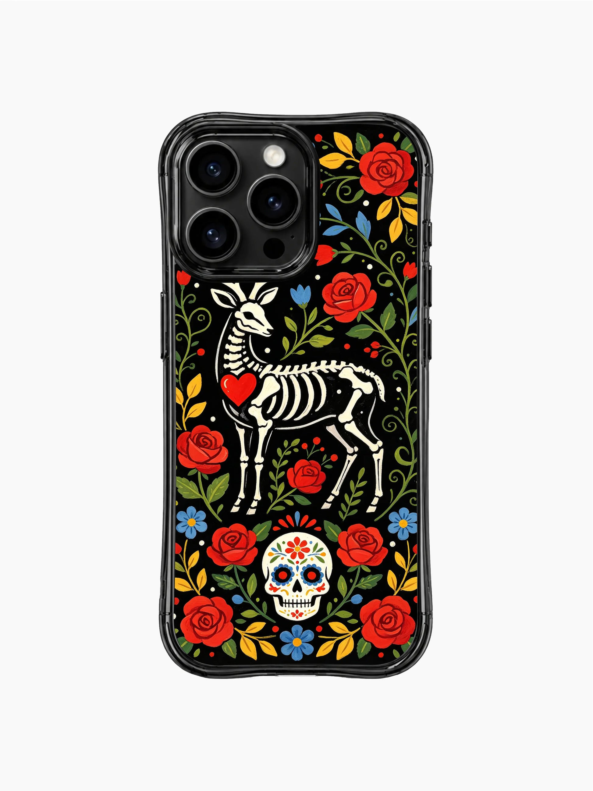 PhoneCasing iPhone 16 pro max Case featuring a skeleton deer with detailed antlers, surrounded by red roses, yellow flowers and blue leaves, creating a rich folk art design for iPhone 16 pro max casing.