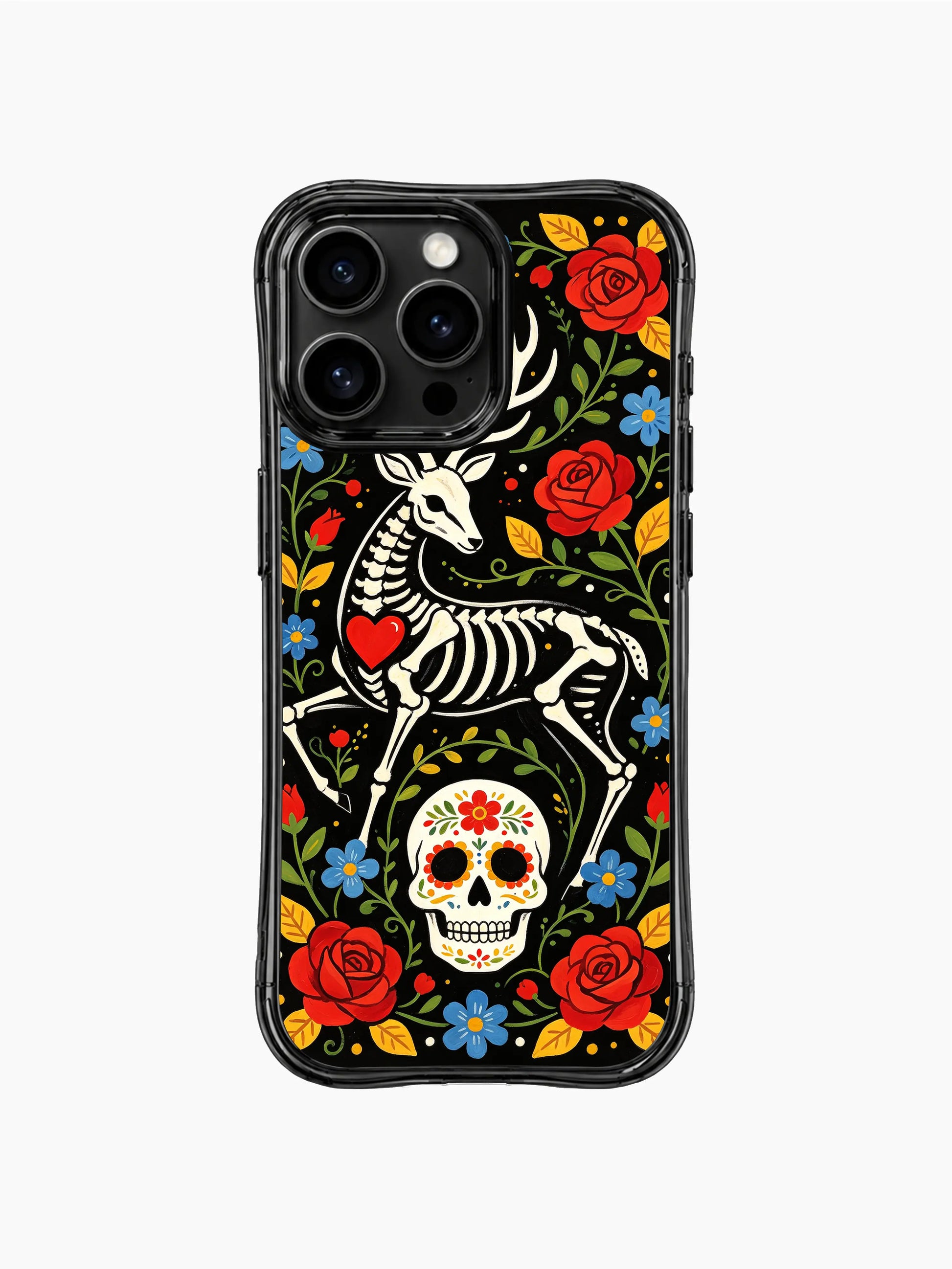 PhoneCasing iPhone 16 pro max Case featuring a skeleton deer in a gentle walking pose, surrounded by red roses, yellow flowers and blue leaves, evoking a sense of moving forward and freedom, balanced folk art design for iPhone 16 pro max casing.