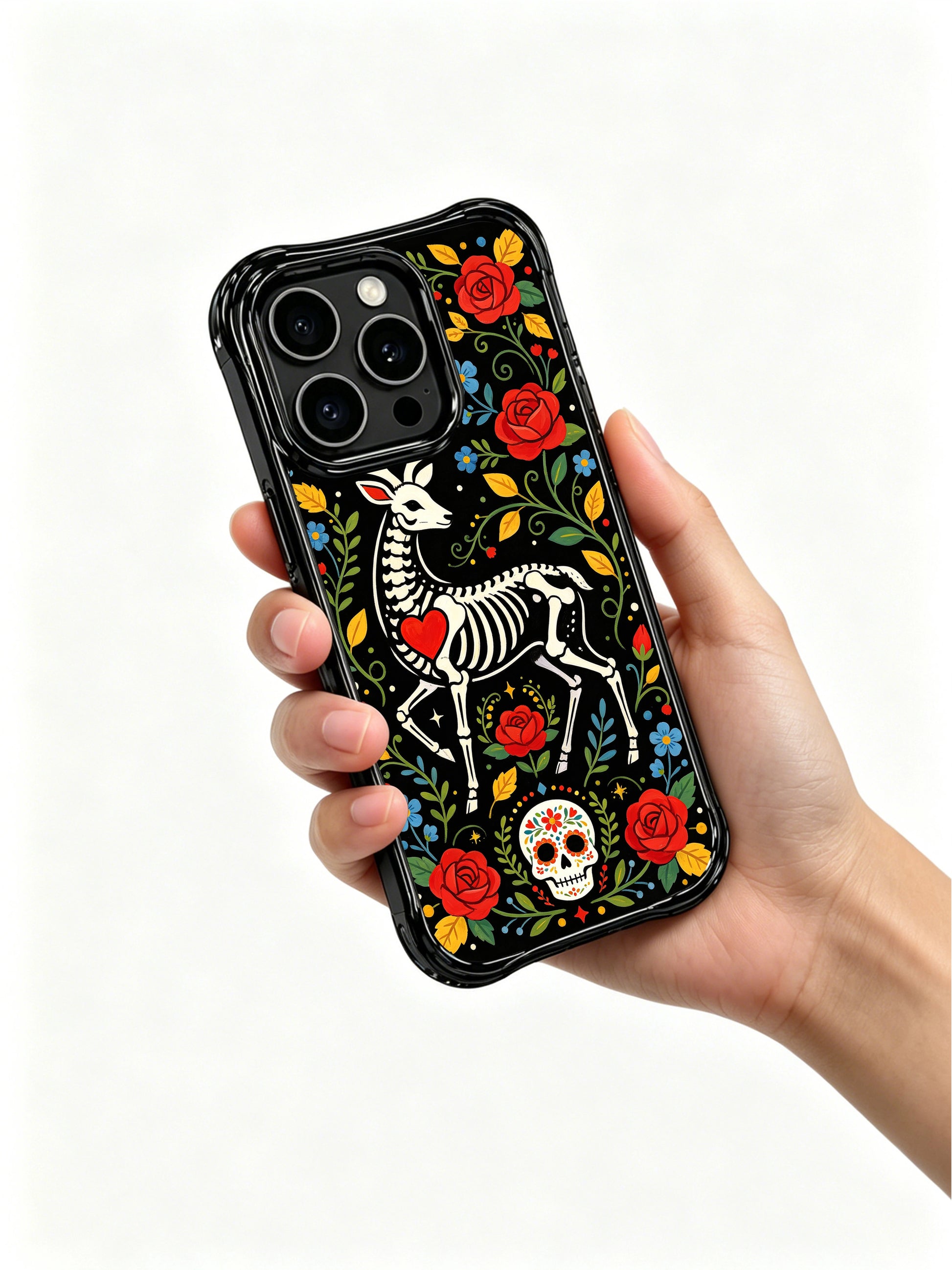 PhoneCasing iPhone 16 pro max Case featuring a skeleton deer surrounded by a mix of red roses, yellow flowers and blue blooms, creating a vibrant folk art border around the design, balanced folk art design for iPhone 16 pro max casing.