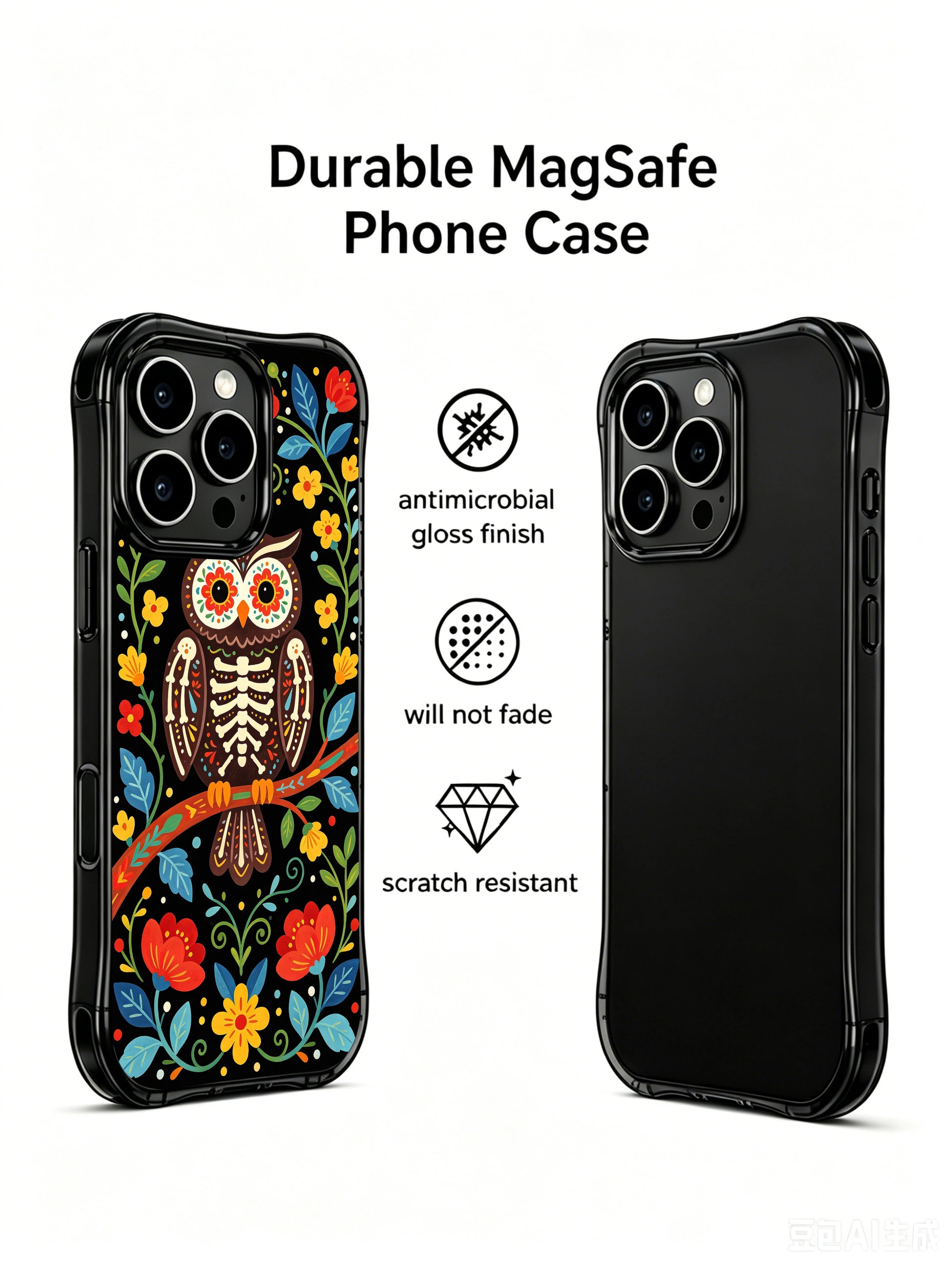 PhoneCasing iPhone 16 pro max Case featuring a skeleton owl as a quiet guardian of the night, perched on a floral branch with surrounding flowers and leaves, representing wisdom and protection, whimsical folk design for iPhone 16 pro max casing.