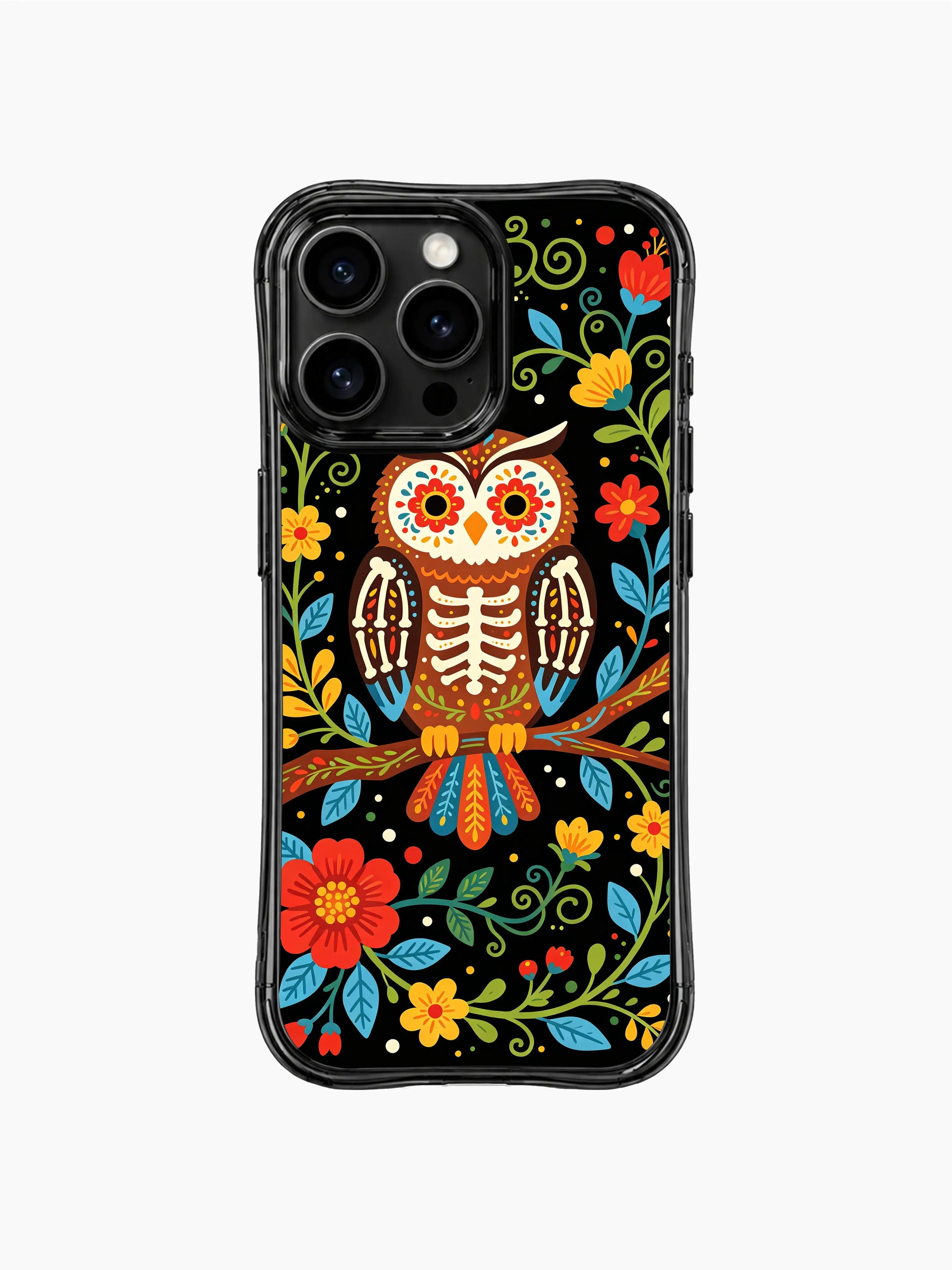PhoneCasing iPhone 16 pro max Case featuring a skeleton owl perched on a branch against a solid black background, surrounded by colorful folk flowers and leaves, creating a bold folk art print on iPhone 16 pro max casing.