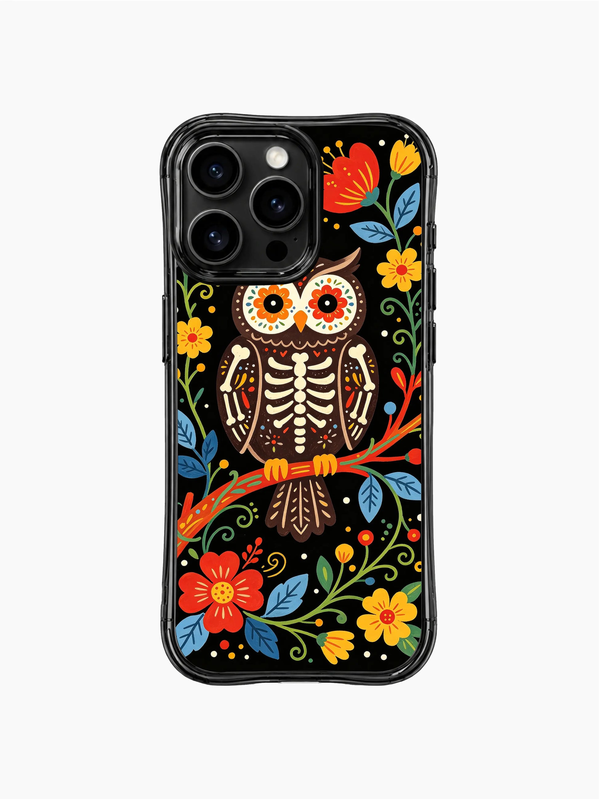 PhoneCasing iPhone 16 pro max Case with a skeleton owl surrounded by bold red and yellow folk flowers, with blue leaves creating a vibrant folk art border around the design, whimsical folk print on black iPhone 16 pro max casing.