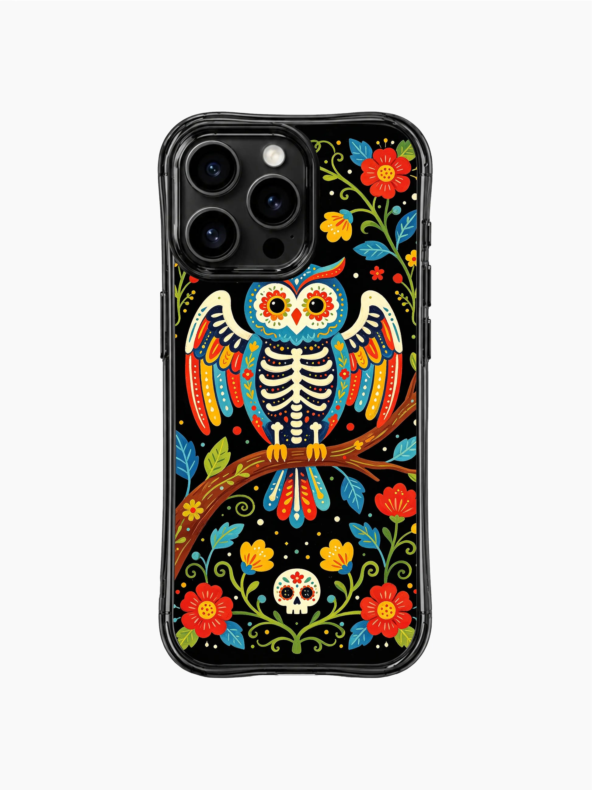 PhoneCasing iPhone 16 pro max Case featuring a skeleton owl centered within a symmetrical folk floral border of red, blue and yellow blooms, balanced folk art design for iPhone 16 pro max casing.