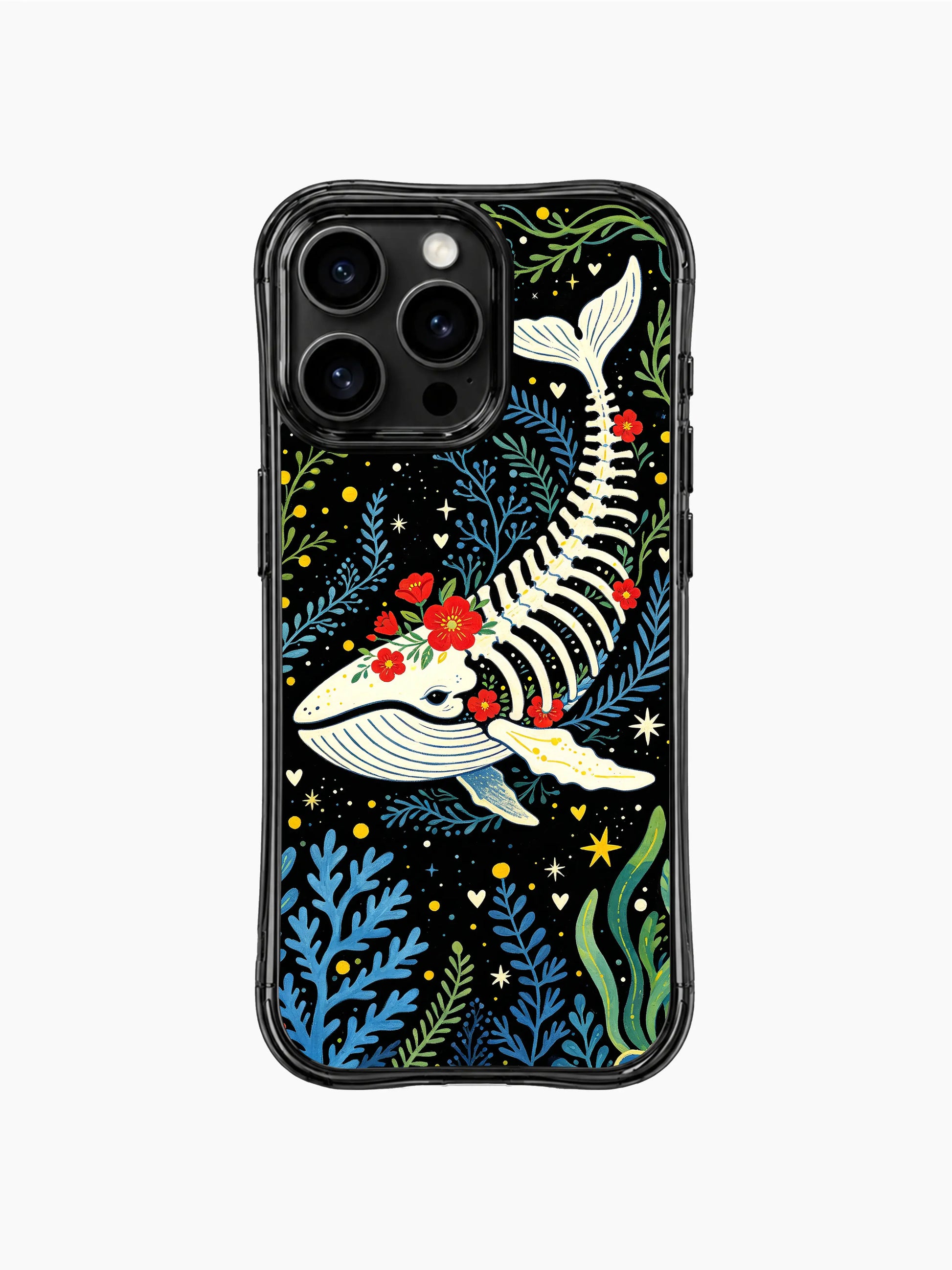 PhoneCasing iPhone 16 pro max MagSafe case featuring a whale with bone patterns and flowers. Vibrant folk art style.