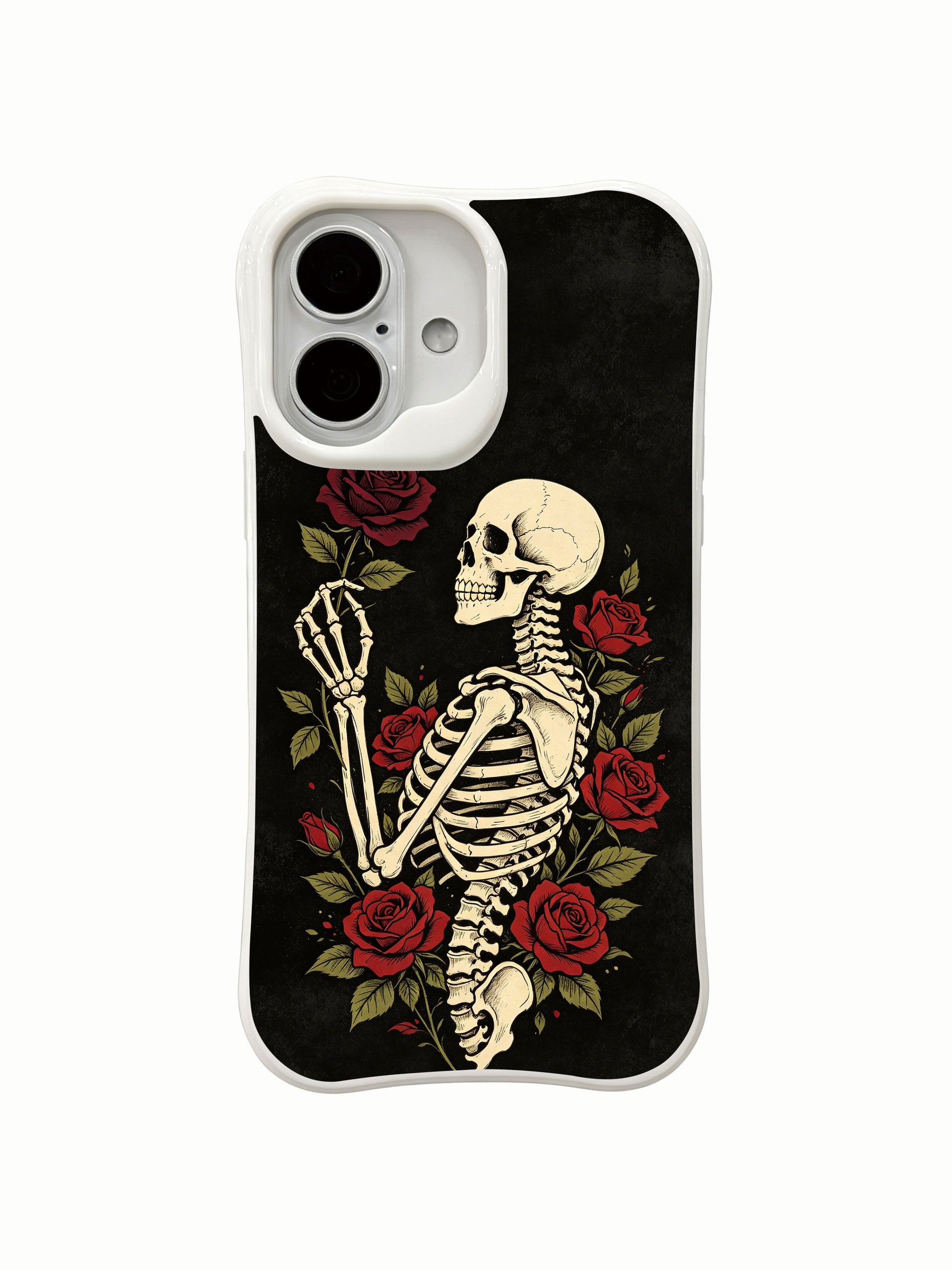 PhoneCasing Bone Rose Vow morbid botanical iPhone 16 Case, exclusive Morrigan Vale art with full skeletal frame wrapped by lush burgundy roses, fade proof custom printed protective iPhone 16 cover