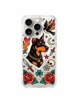 PhoneCasing iPhone 15 pro Case with bone skull lucky talisman doberman illustration, limited edition artist fine art casing printed in our US California production facility.