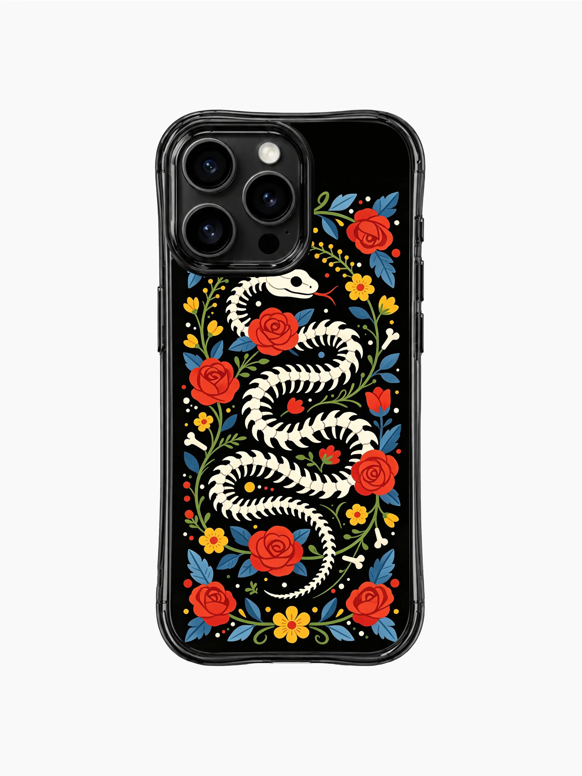 PhoneCasing iPhone 16 pro max Case featuring a bone snake skeleton coiled in a gentle spiral wreath, surrounded by red roses, yellow flowers and blue leaves, creating a flowing folk art design for iPhone 16 pro max casing.