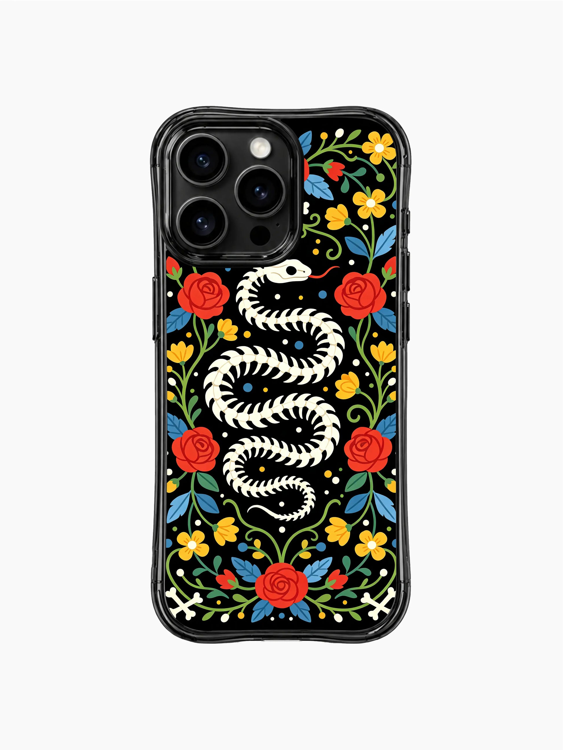 PhoneCasing iPhone 16 pro max Case featuring a coiled bone snake skeleton forming a decorative frame, with red roses, yellow flowers and blue leaves filling the space around it, whimsical Day of the Dead design on iPhone 16 pro max casing.