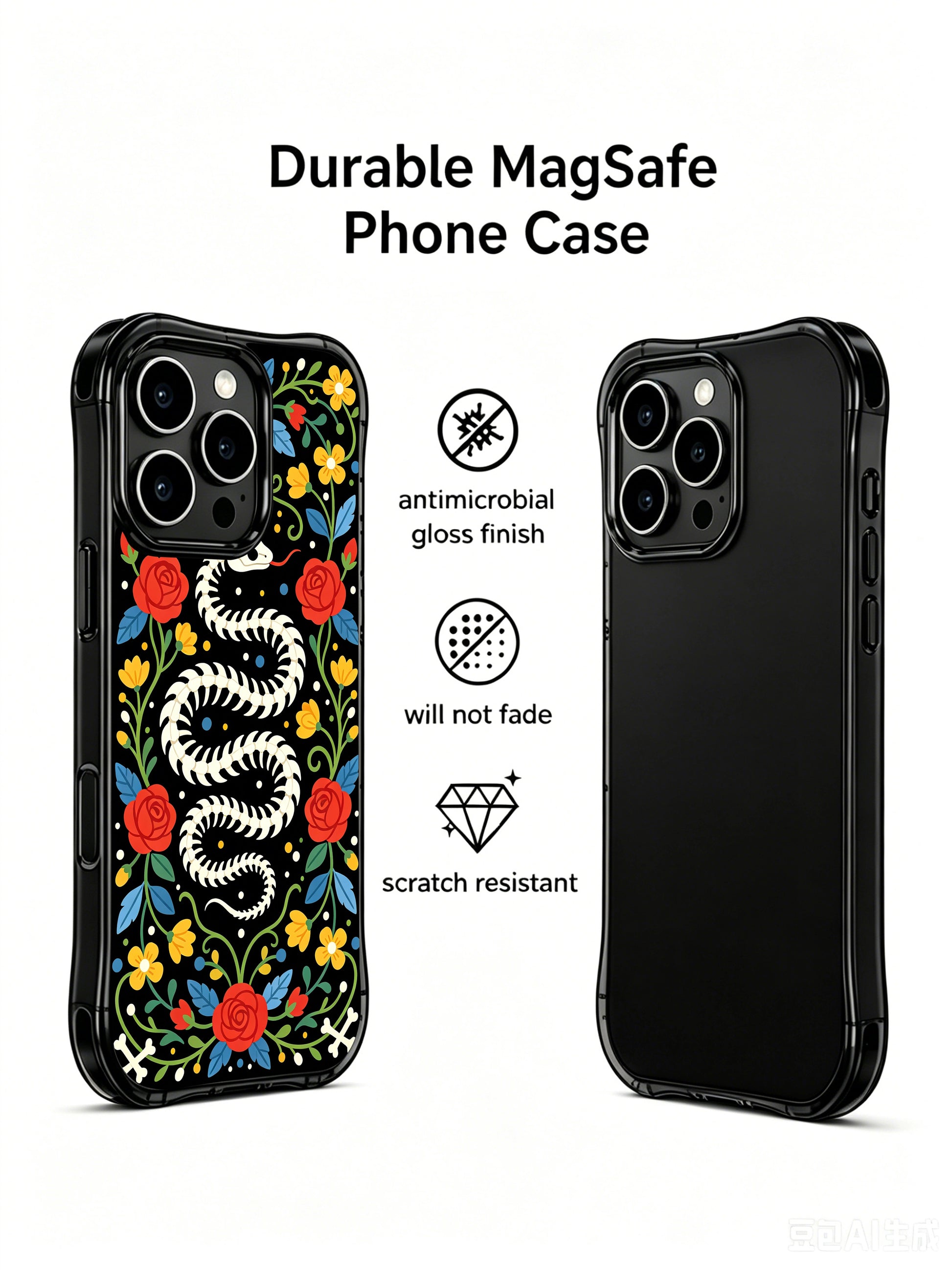 PhoneCasing iPhone 16 pro max Case featuring a coiled bone snake skeleton with red roses growing through its form, set against a black background with blue leaves and yellow flowers, whimsical folk design for iPhone 16 pro max casing.