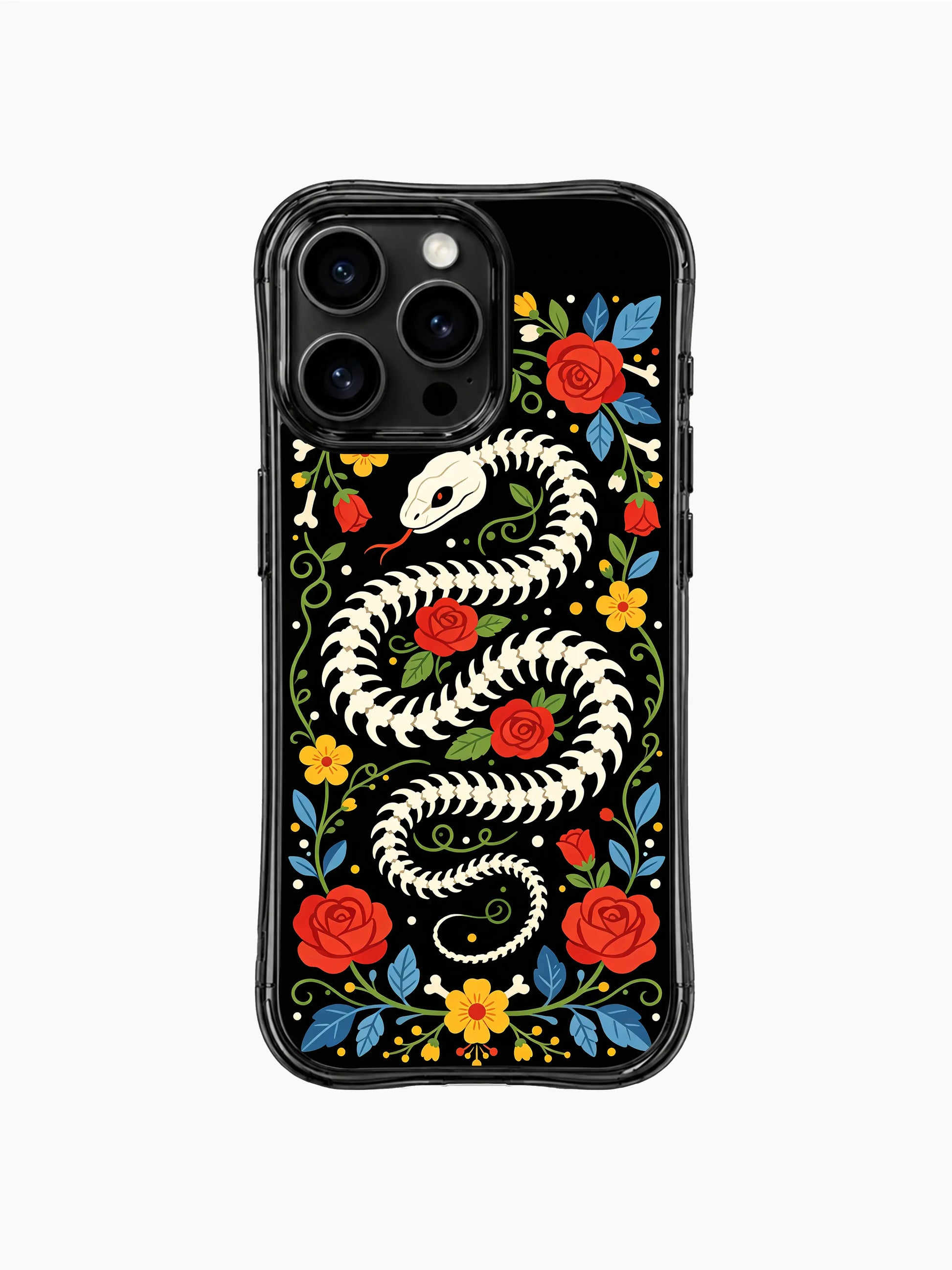 PhoneCasing iPhone 16 pro max Case featuring a coiled bone snake skeleton on a solid black background, surrounded by red roses, yellow flowers and blue leaves, creating a bold folk art print on iPhone 16 pro max casing.