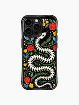PhoneCasing iPhone 16 pro max Case featuring a bone snake skeleton coiled into a wreath, surrounded by a mix of red roses, yellow flowers and blue leaves, creating a rich folk art design for iPhone 16 pro max casing.