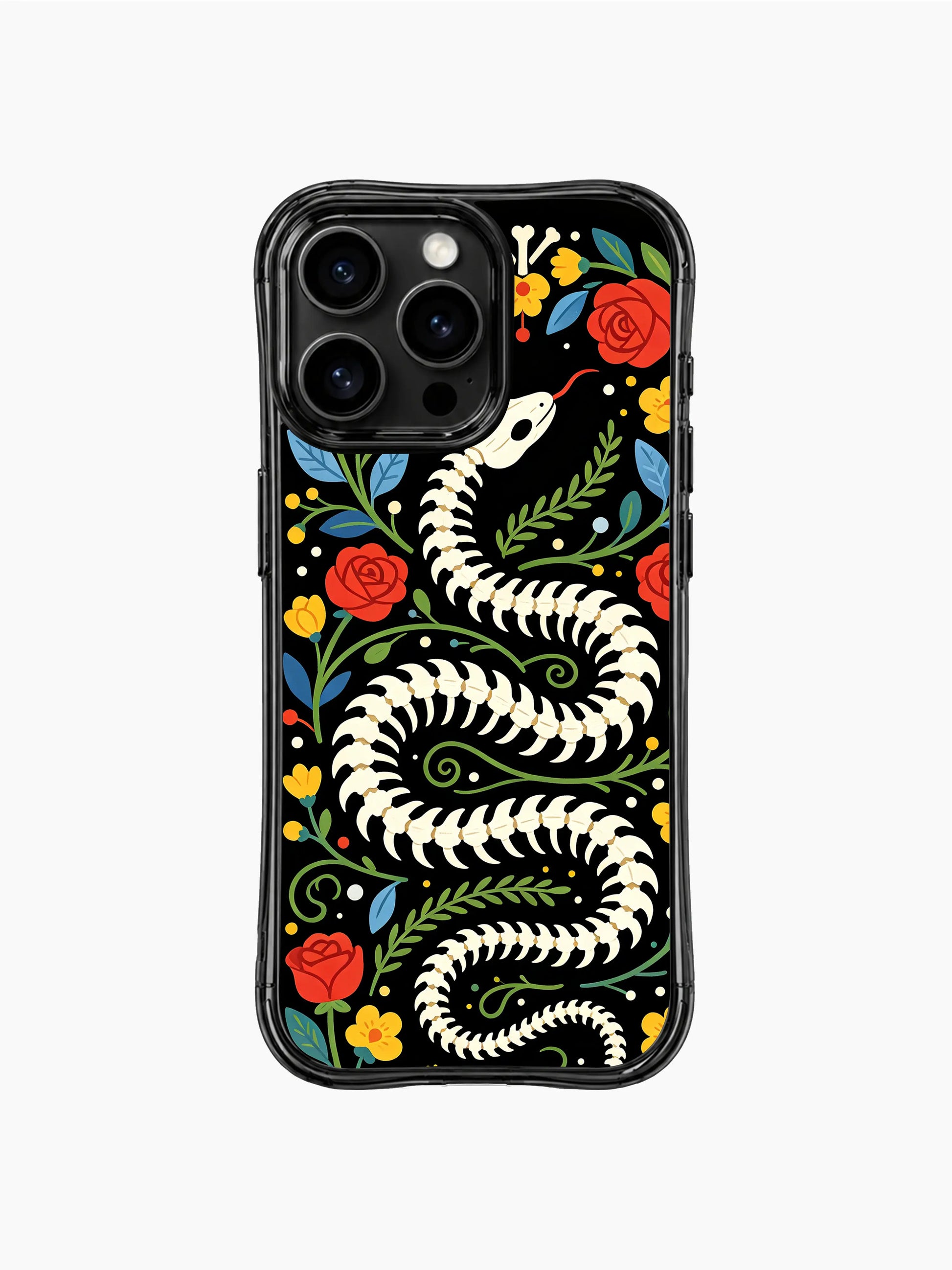 PhoneCasing iPhone 16 pro max Case featuring a bone snake skeleton coiled into a wreath, surrounded by a mix of red roses, yellow flowers and blue leaves, creating a rich folk art design for iPhone 16 pro max casing.