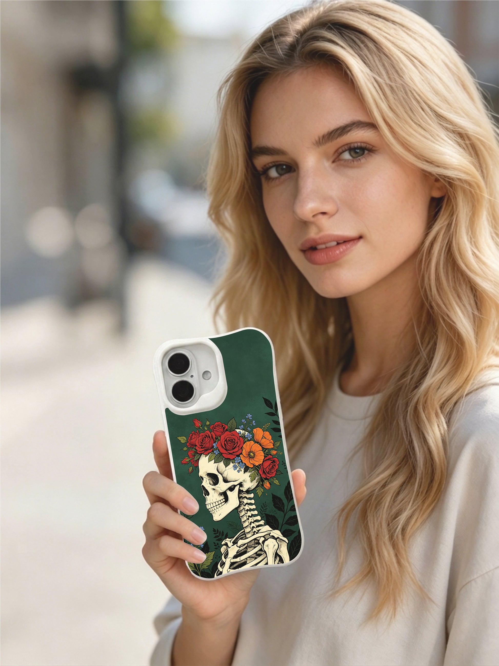 PhoneCasing Bones As Wild Sanctuary morbid botanical iPhone 16 Case, exclusive Morrigan Vale art with tranquil skeleton wearing multi-tone floral crown, fade proof custom printed protective iPhone 16 cover
