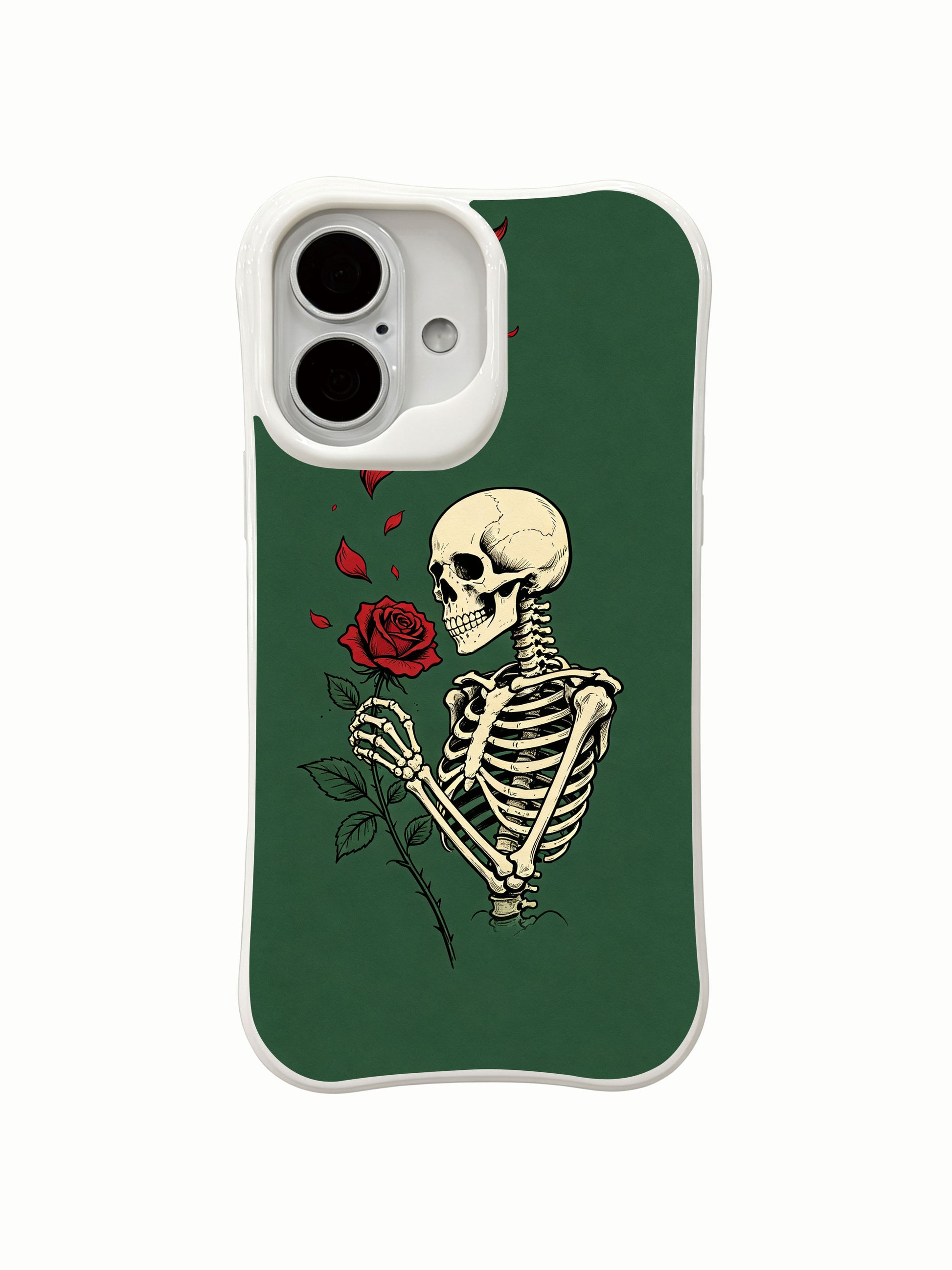 PhoneCasing Bones Hold Love Letter morbid botanical iPhone 16 Case, exclusive Morrigan Vale artwork with tranquil skeleton gripping single red bloom, fade proof custom printed protective iPhone 16 cover