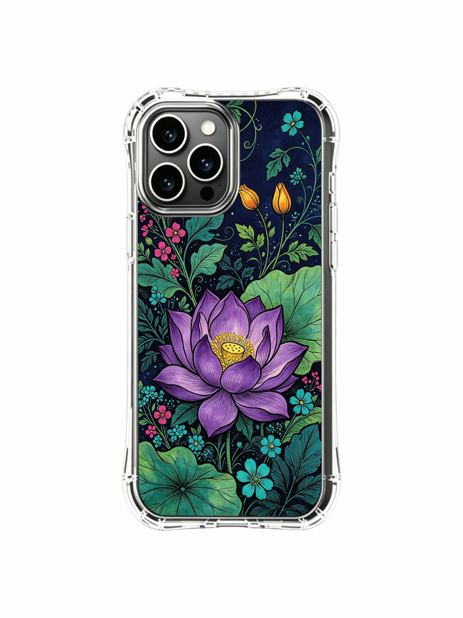 PhoneCasing iPhone 16 Pro Max Case with botanical art from the Midnight Purple Lotus Garden. Detailed purple lotus, green leaves, and orange buds in a dark floral composition.