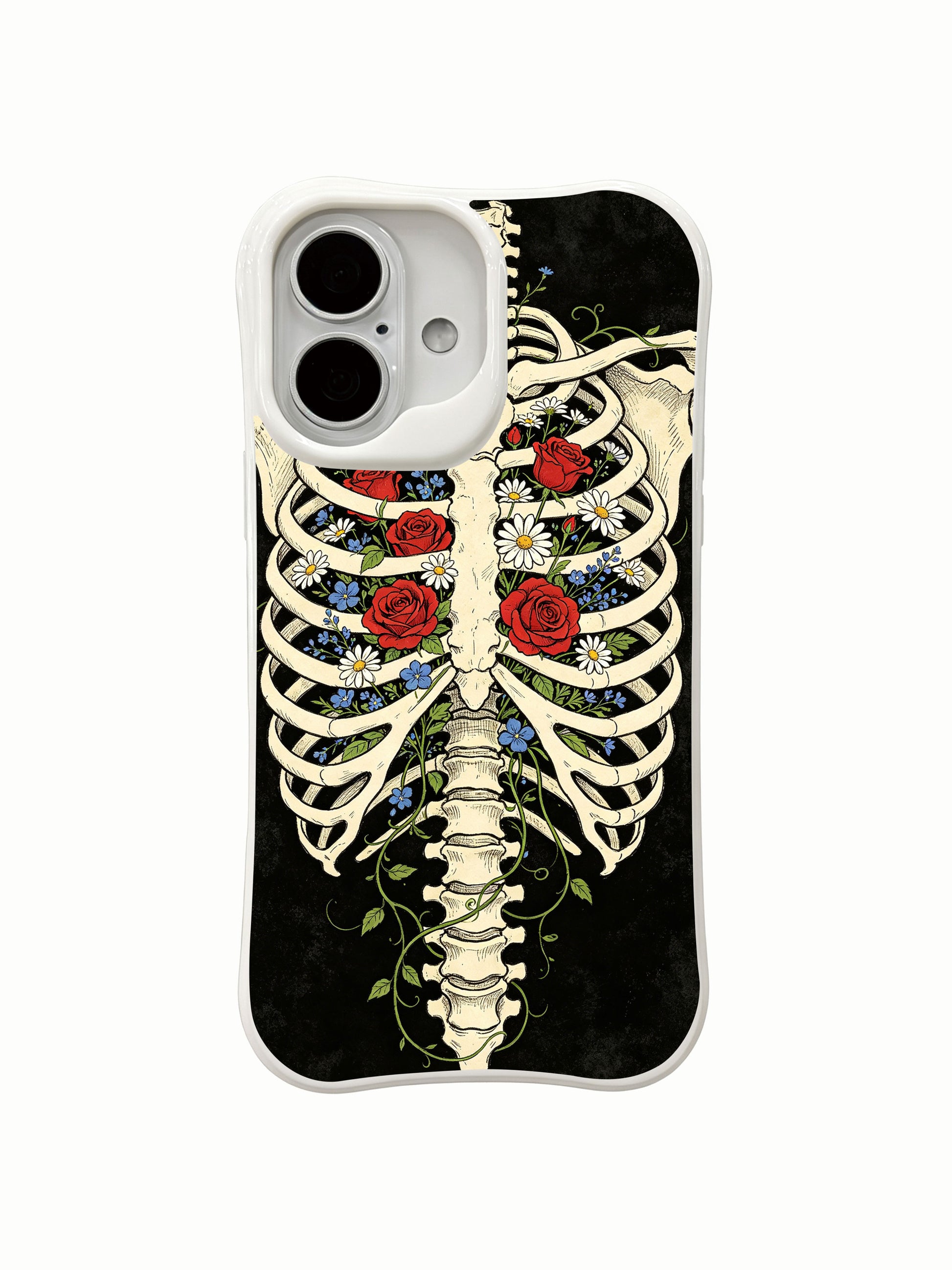 PhoneCasing botanical chest garden mixed bloom rib skeleton iPhone 16 Case, lush assorted wildflowers sprouting naturally inside empty thoracic cage, USA-made shock absorbing iPhone 16 cover