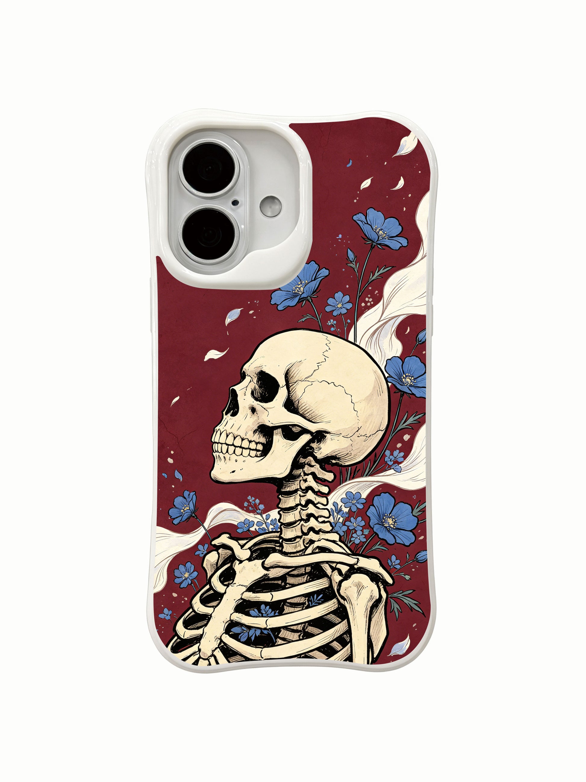 PhoneCasing botanical coastal freedom bone bloom iPhone 16 Case, blue delphinium vines flowing like ocean waves around skeleton torso, USA-made shock absorbing iPhone 16 cover