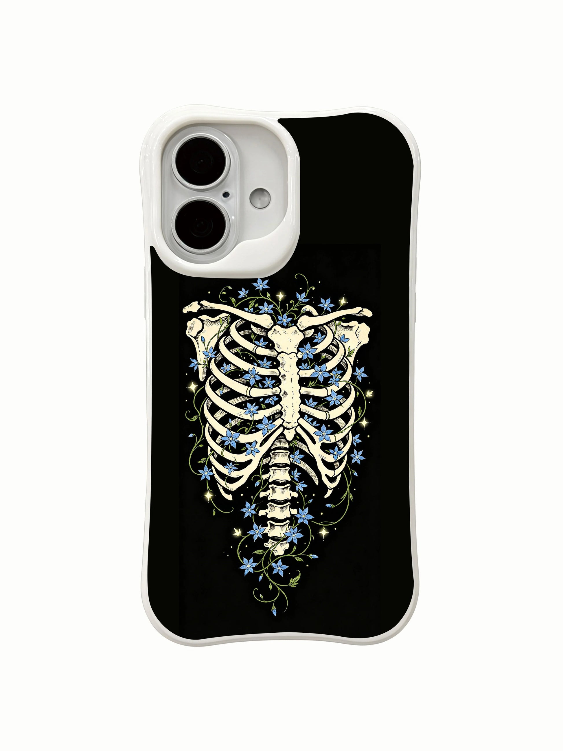 PhoneCasing botanical cosmic bloom blue star flower rib skeleton iPhone 16 Case, delicate glowing wildflowers sprouting from skeletal ribcage, USA-made shock absorbing iPhone 16 cover