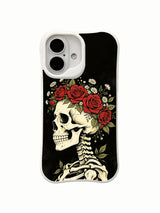PhoneCasing botanical dark vitality red rose crown skeleton iPhone 16 Case, fresh flowers blooming as crown upon bare bone, USA-made shock absorbing iPhone 16 cover