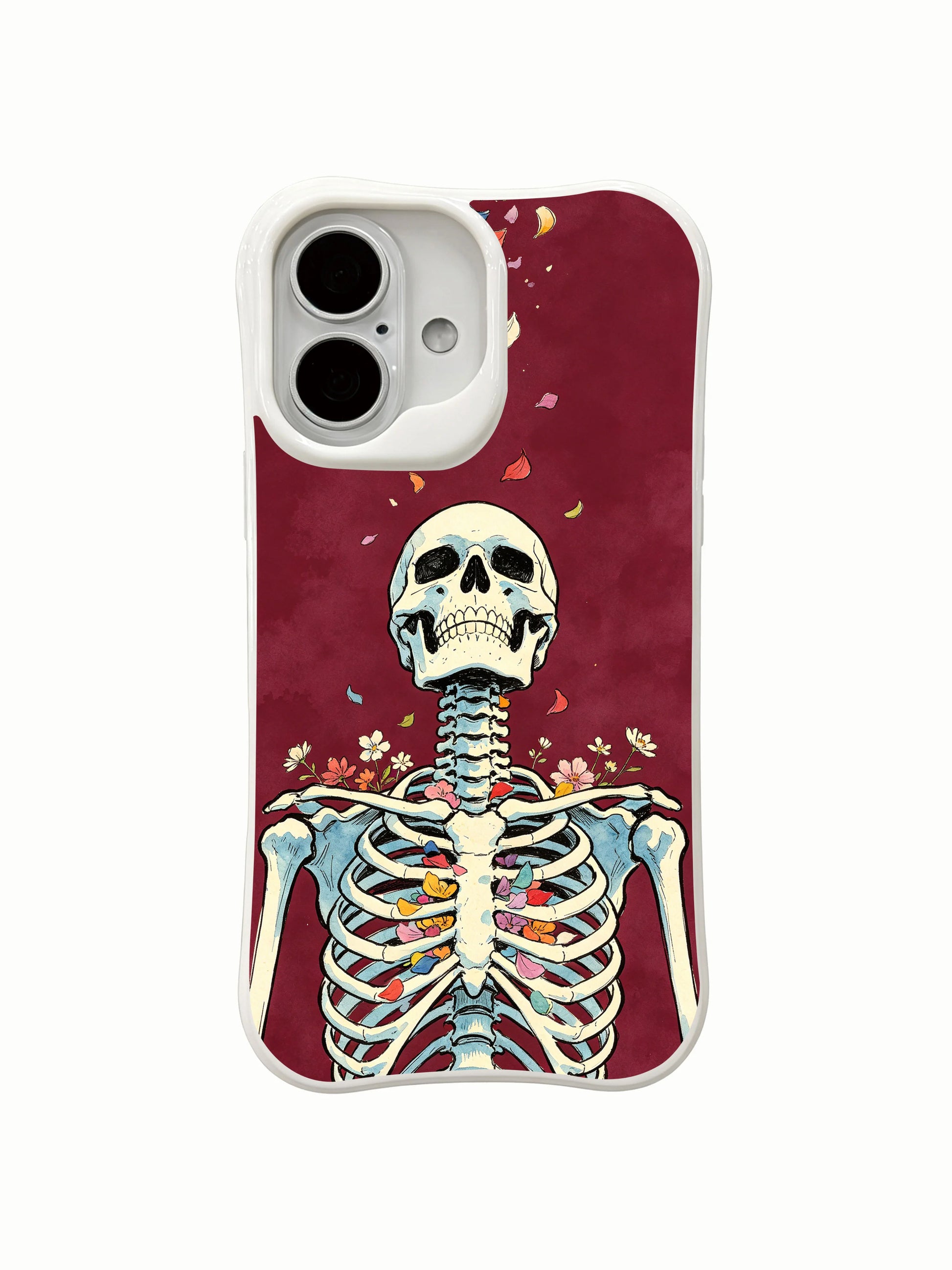 PhoneCasing botanical mortality floating petals iPhone 16 Case, wild daisy and assorted colorful petals nest inside skeleton ribs, USA-made shock absorbing iPhone 16 cover