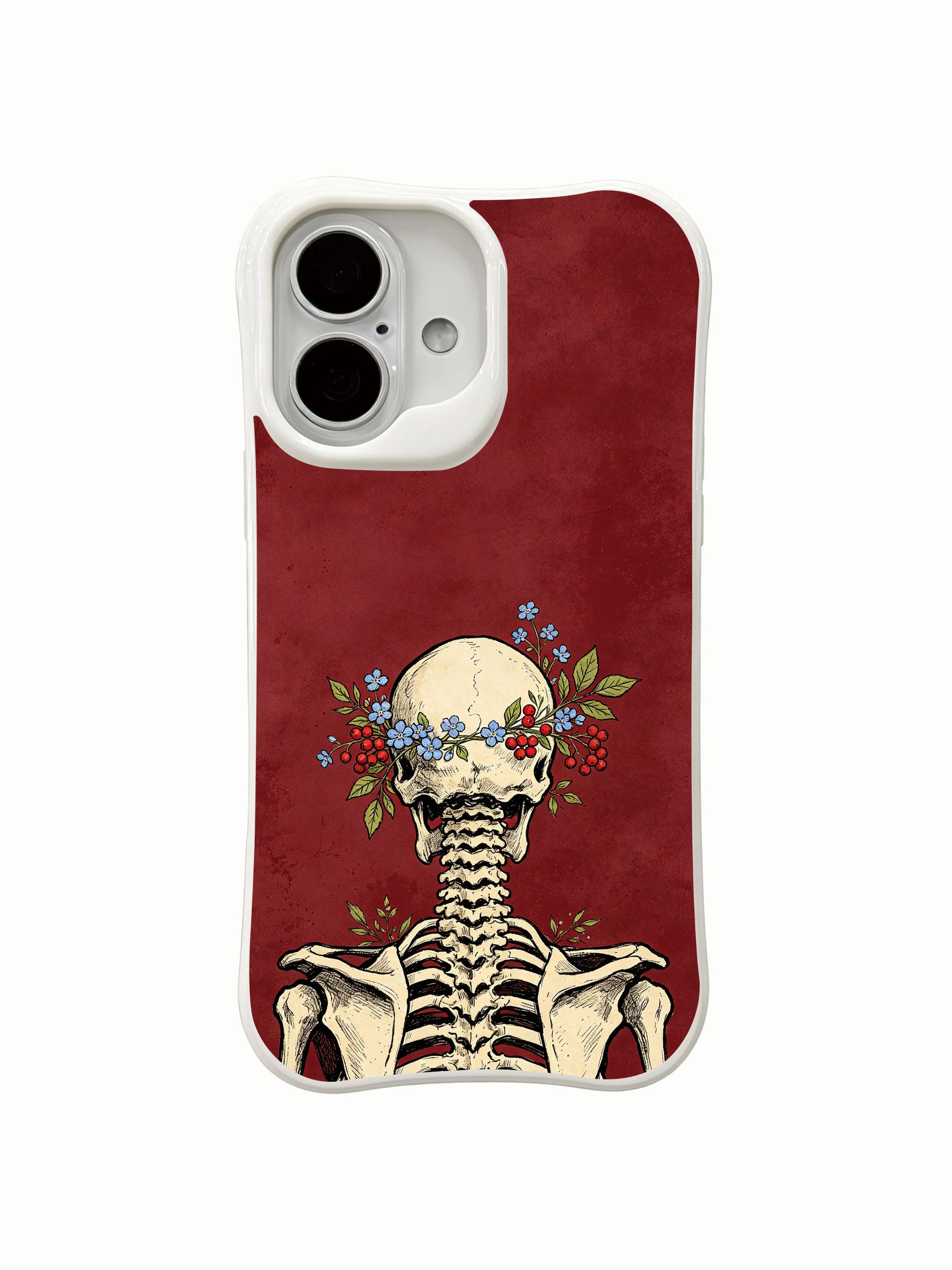 PhoneCasing botanical mortality forget-me-not crown iPhone 16 Case, red berry vines winding around skeletal skull, USA-made shock absorbing iPhone 16 cover