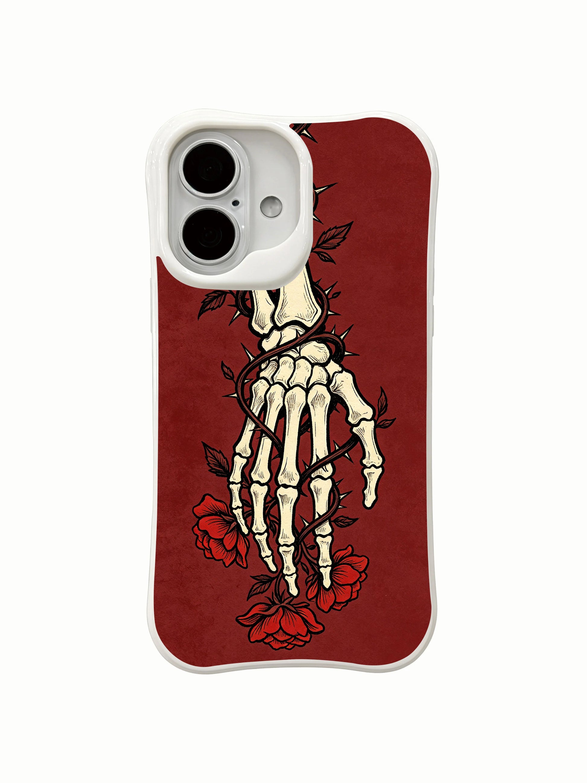 PhoneCasing botanical overcome-pain red rose skeleton iPhone 16 Case, sharp thorn vines coiling around bone with roses growing from restraints, USA-made shock absorbing iPhone 16 cover