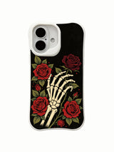 PhoneCasing botanical soul promise red rose skeleton iPhone 16 Case, lush thorny garden roses sprouting from skeletal torso gaps, USA-made shock absorbing iPhone 16 cover