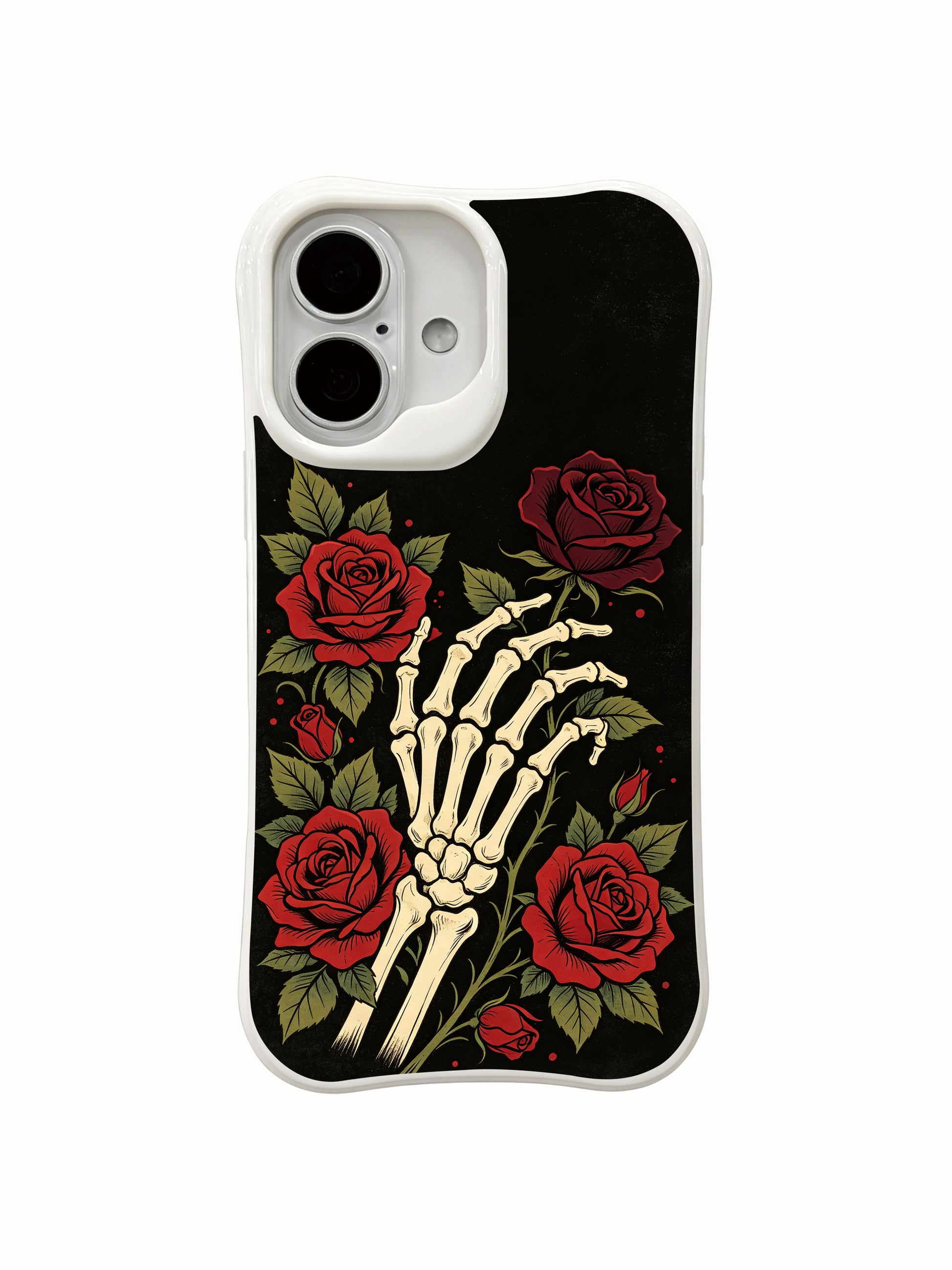 PhoneCasing botanical soul promise red rose skeleton iPhone 16 Case, lush thorny garden roses sprouting from skeletal torso gaps, USA-made shock absorbing iPhone 16 cover