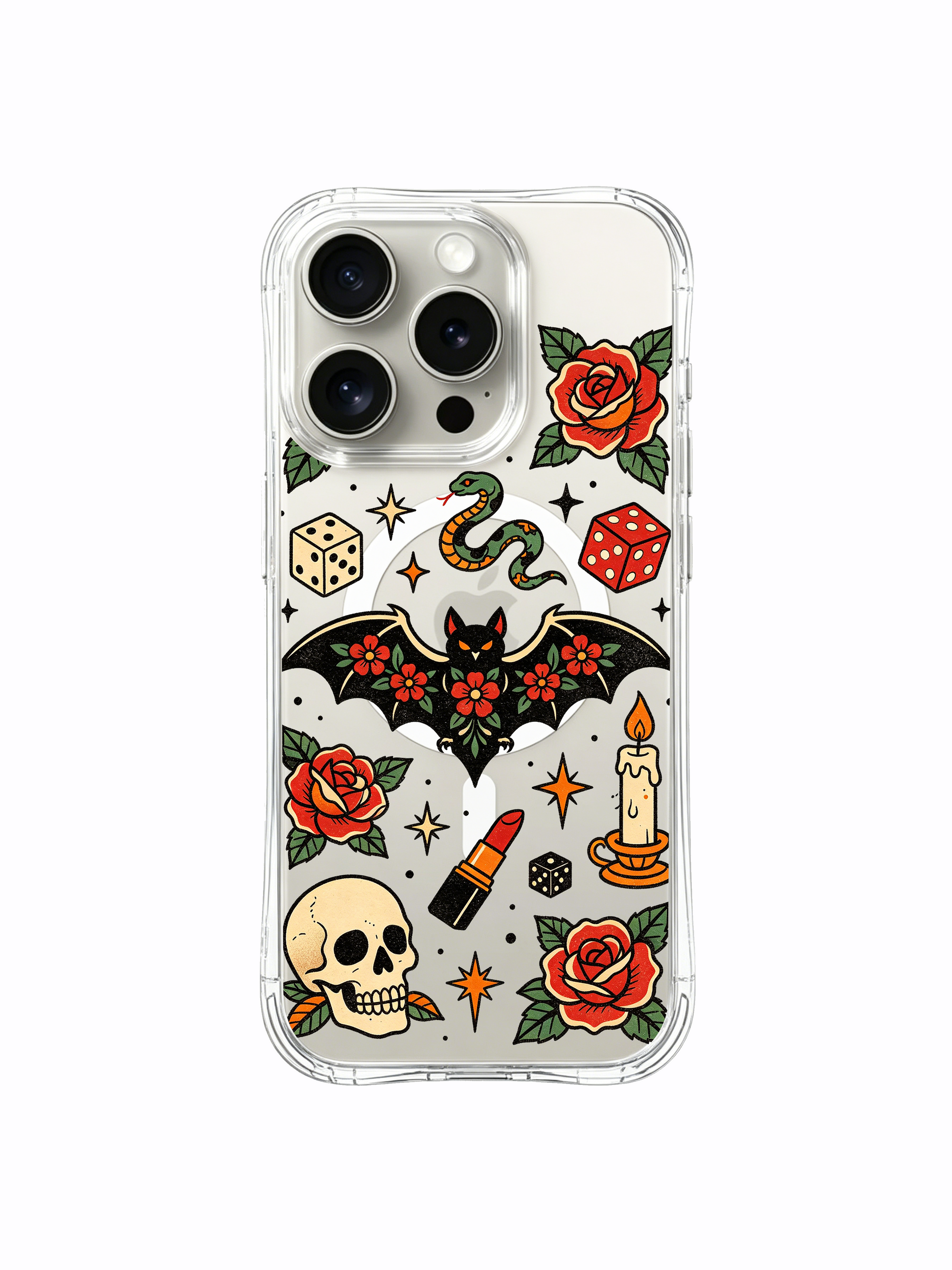 PhoneCasing iPhone 15 pro Case bottom crescent detail, single hollow skull, bursting flower petals beside goth bat snake, trendy sweet goth art iPhone 15 pro casing for gift shoppers.
