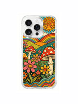 Curled terrain with petals and small fungi artwork on an iPhone 16 Pro Max case