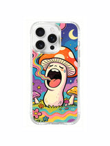 PhoneCasing iPhone 16 pro max Case, premium protective fine art casing centered on curly psychedelic swirl land at bottom, warm multitone flower petals wrap around compact sleepy spotted woodland mushrooms, artist exclusive illustrated protective casing.