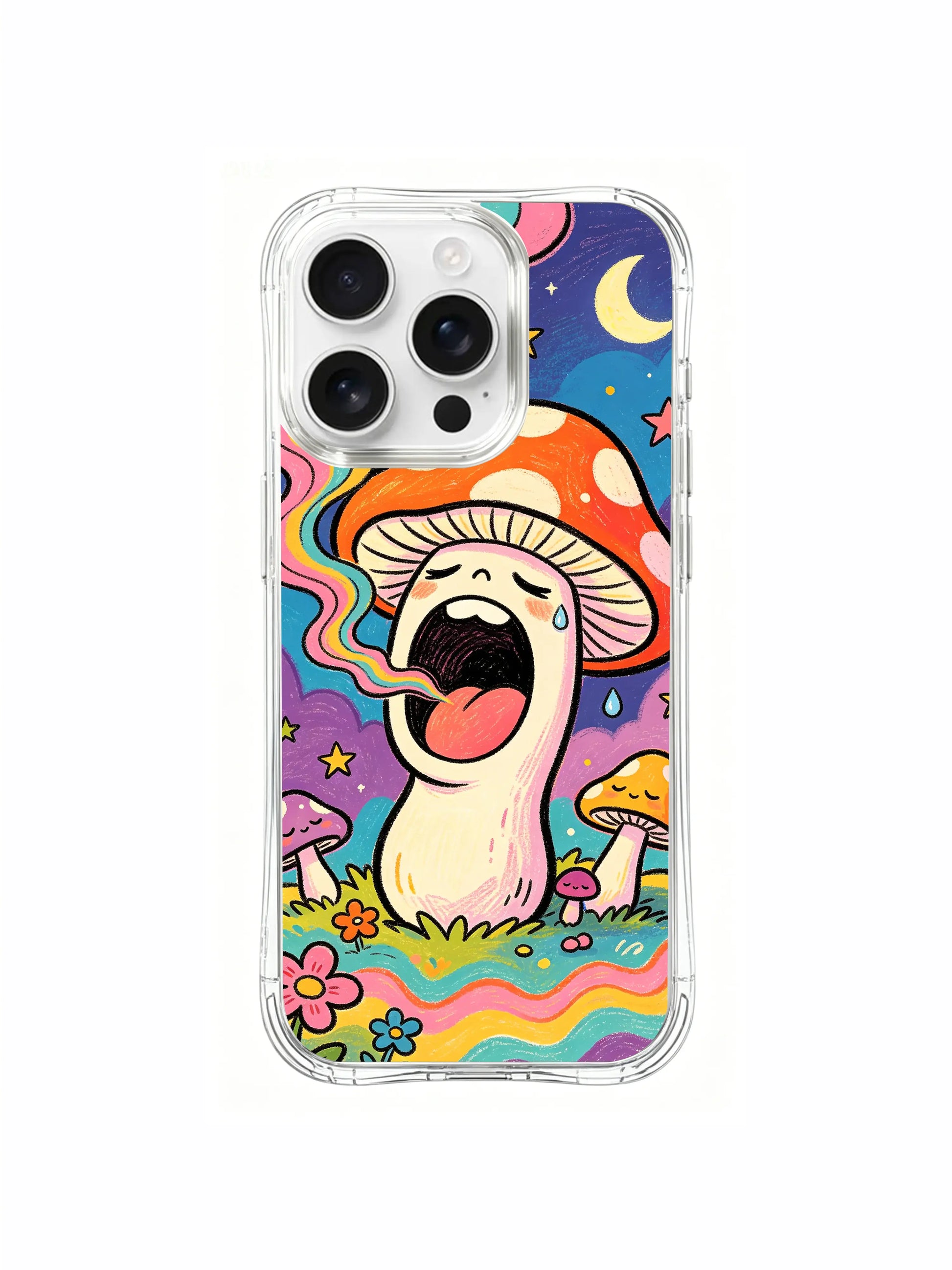 PhoneCasing iPhone 16 pro max Case, premium protective fine art casing centered on curly psychedelic swirl land at bottom, warm multitone flower petals wrap around compact sleepy spotted woodland mushrooms, artist exclusive illustrated protective casing.