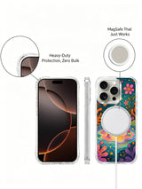 PhoneCasing iPhone 16 pro max Case, exclusive artist collab casing with wavy iridescent rainbow hot spring across bottom, dense colorful wildflower carpet grows around every soaking glowing mushroom root, UV-printed anti-shock clear casing.