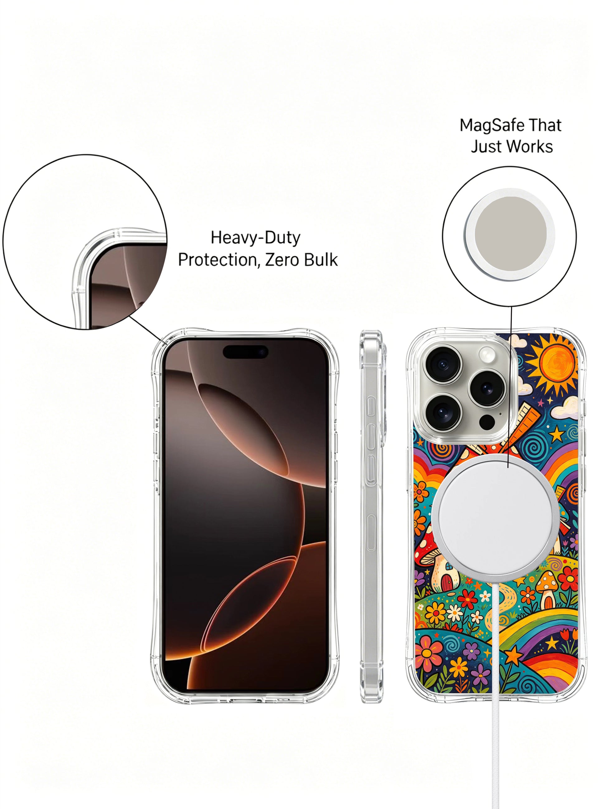 PhoneCasing iPhone 16 pro max Case, exclusive artist collab casing with large arching rainbow along bottom hillside, full wildflower carpet wrapping every mushroom cottage foundation, fade-resistant anti-fall transparent casing with precise tailored cutouts.