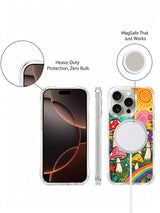 Rainbow trail through wildflowers and mushrooms artwork on an iPhone 16 Pro Max case