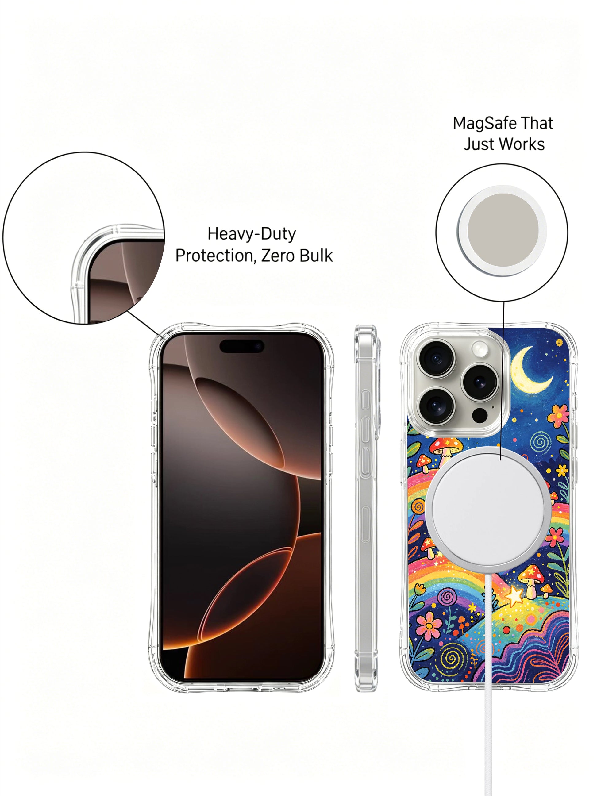 PhoneCasing iPhone 16 pro max Case, exclusive artist collaboration casing with rolling curved rainbow ridges along bottom edge, full wildflower carpet wrapping every mushroom hillock base where tiny fungi collect celestial stars, anti-fall transparent casing with precise tailored cutouts.