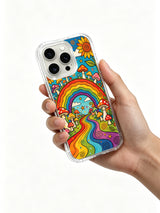 PhoneCasing iPhone 16 pro max Case, exclusive artist collab casing decorated with dotted spiral textured ground at artwork bottom, winding multicolor rainbow path edged by green grass and tiny wild blooms surrounding woodland mushrooms, UV-printed anti-shock casing.