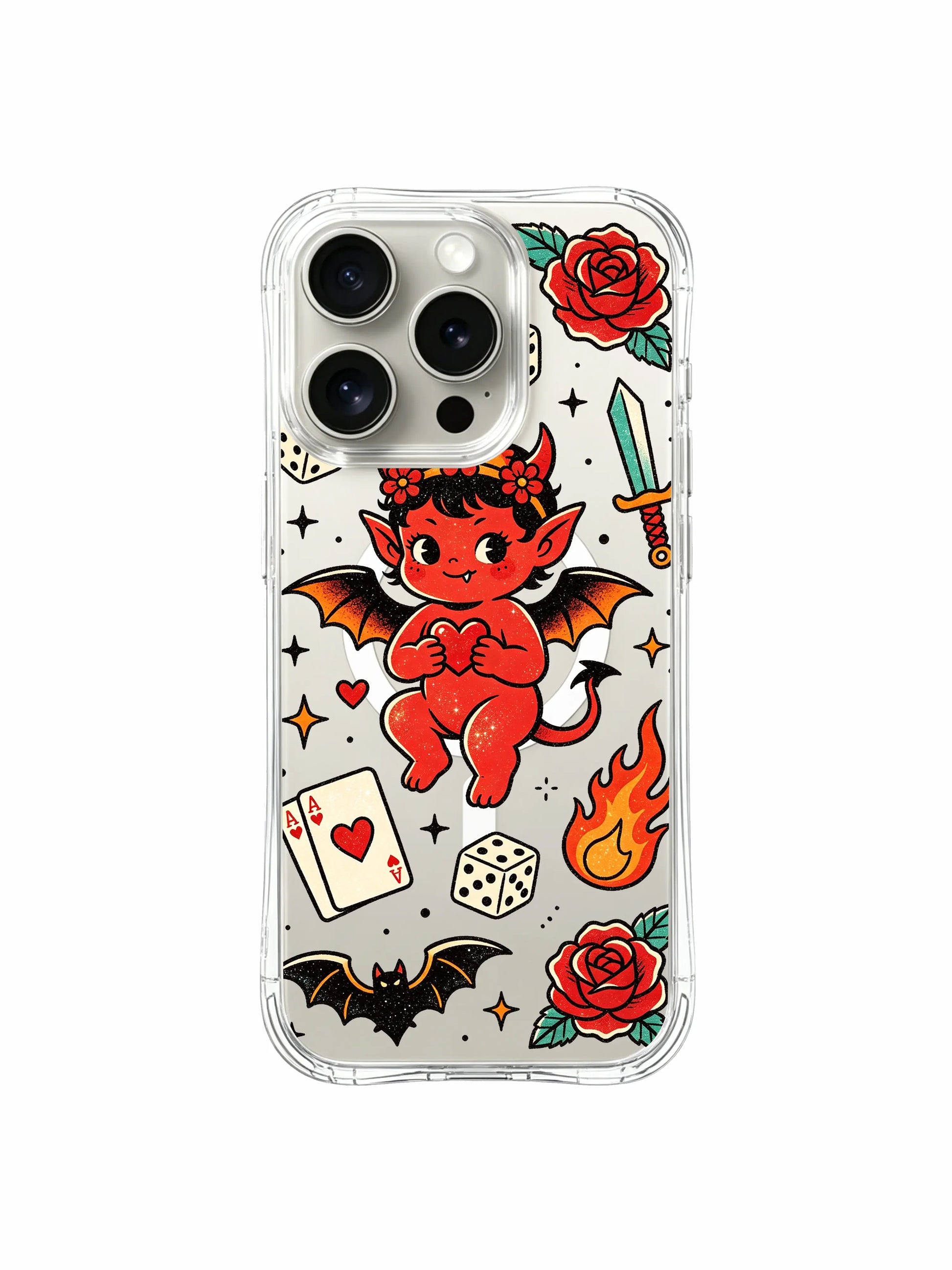 PhoneCasing iPhone 15 pro Case with two bottom roses framing central cute red devil, anti-drop clear wearable art iPhone 15 pro casing made in California factory.