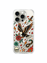 Eagle with flame, clover, petals and skull artwork on an iPhone 15 Pro case