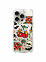 PhoneCasing iPhone 15 pro Case bottom fire detail, single hollow skull, bursting flower petals beside mischievous flame cherries, trendy edgy bad-girl art iPhone 15 pro casing for gift buyers.