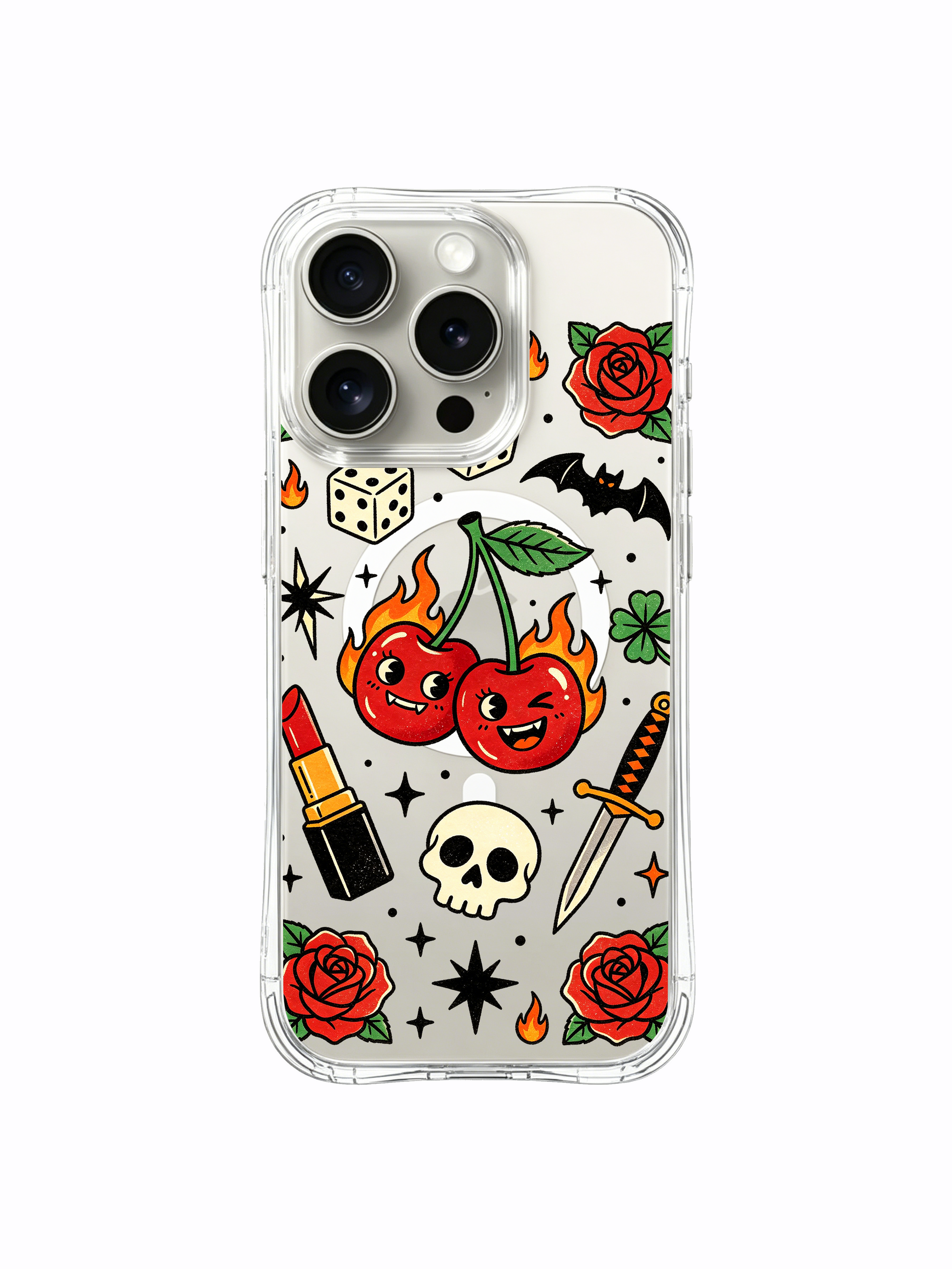 PhoneCasing iPhone 15 pro Case bottom placed skull, single fiery accent, offset angled dagger beside grinning flame cherries, anti-drop shock absorbing art iPhone 15 pro casing.