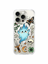Ghost with lower skull, flower and radiating star artwork on an iPhone 15 Pro case