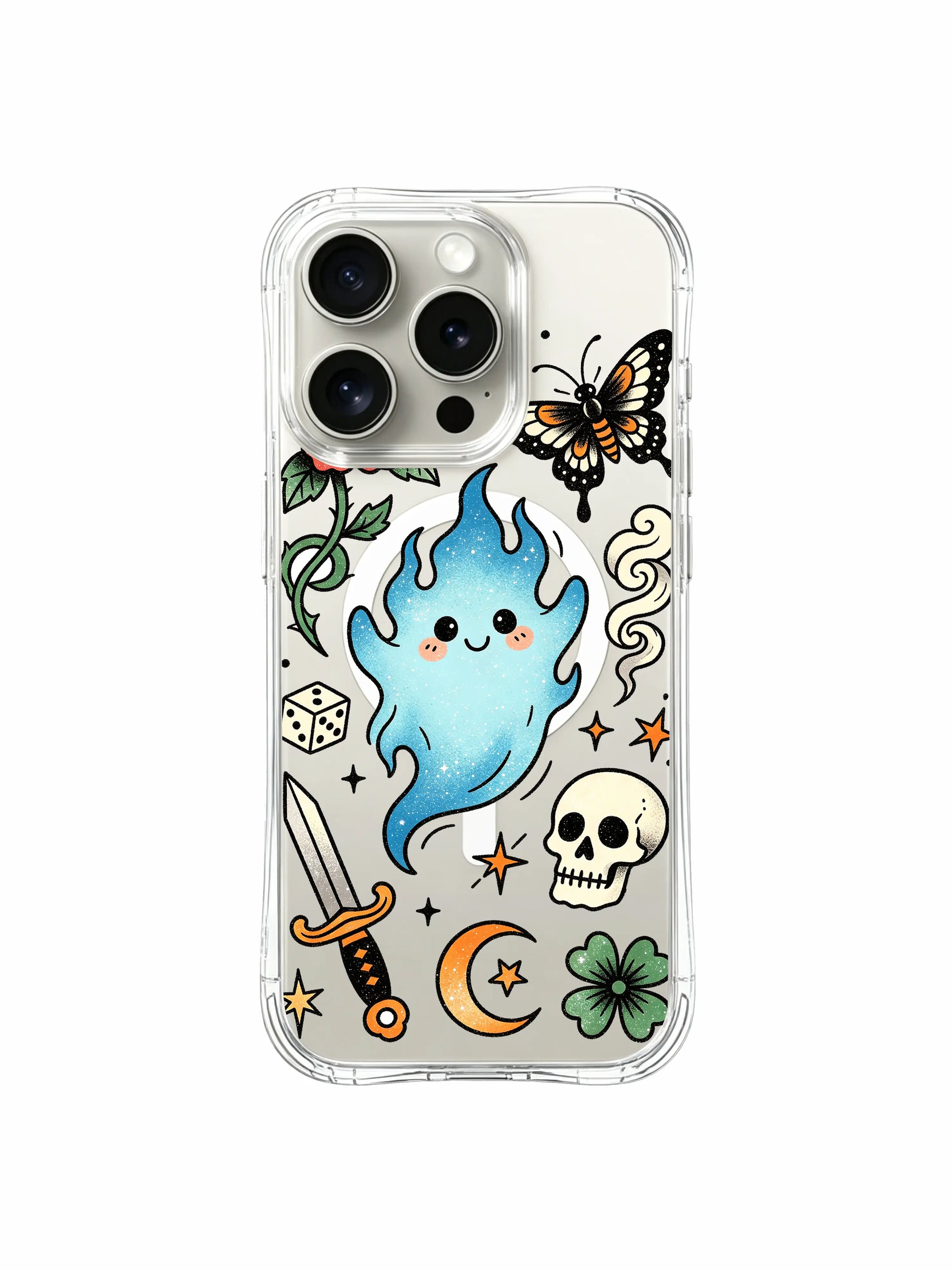 PhoneCasing iPhone 15 pro Case standalone bottom skull detail, single red flower bunch, bursting starbursts beside wonder-themed garden ghost, trendy vintage dreamcore art iPhone 15 pro casing for gift shoppers.