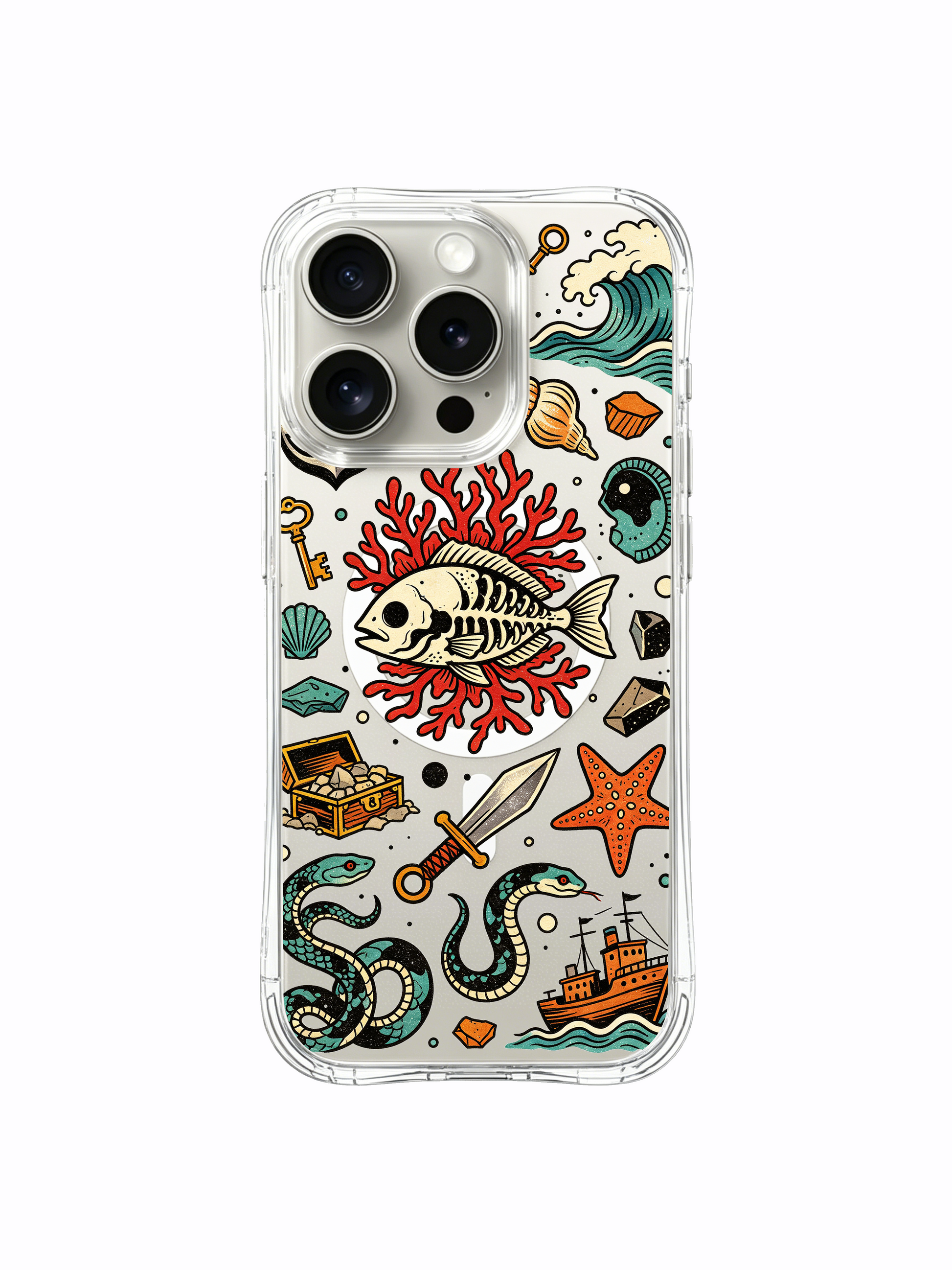 PhoneCasing iPhone 15 pro Case standalone bottom ocean wave detail, single gold treasure crate, bursting red coral beside deep sea garden skull fish, trendy vintage adventure art iPhone 15 pro casing for gift shoppers.