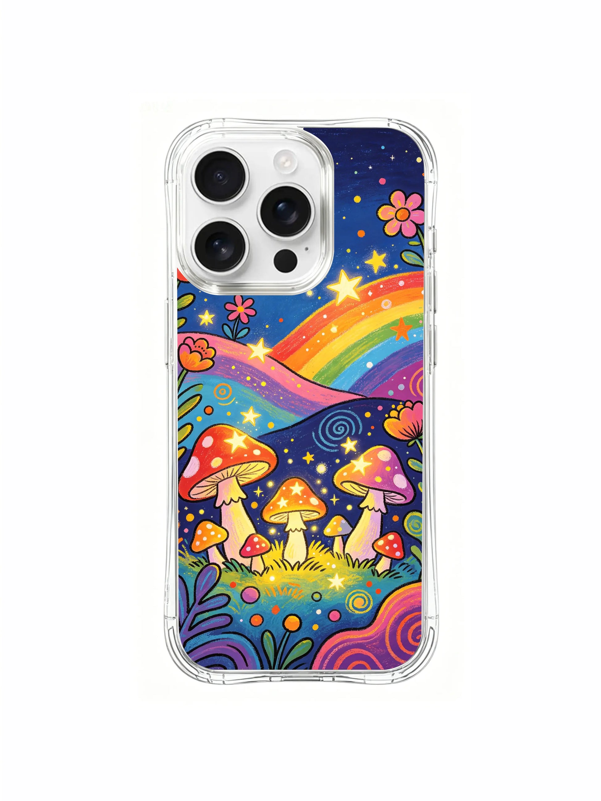PhoneCasing iPhone 16 pro max Case, floral-focused fine art casing with vivid orange daisy bunch at bottom left, winding iridescent rainbow incline leading to lined-up spotted star mushrooms, gifting-ready boho art iPhone 16 pro max casing.