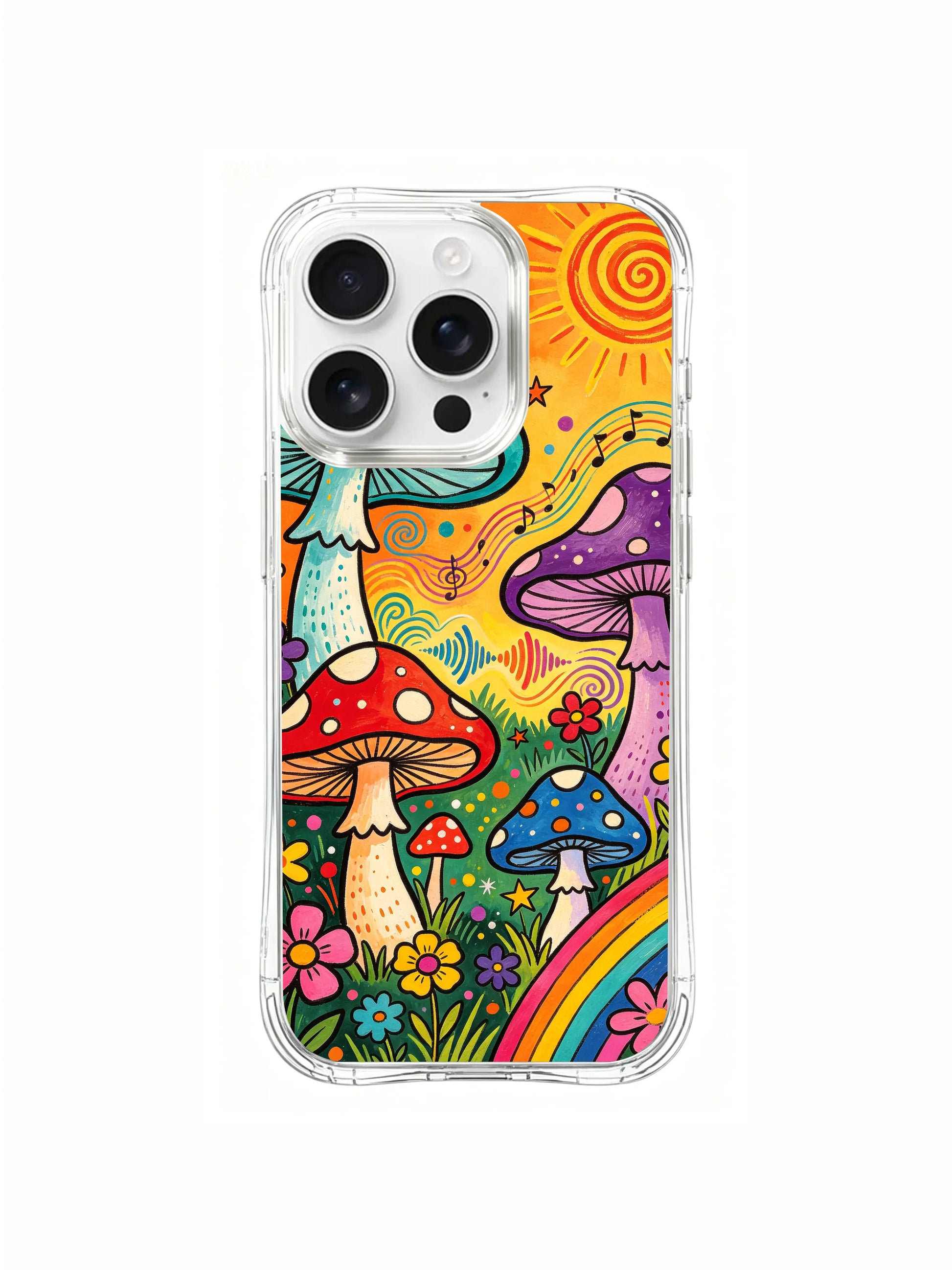 PhoneCasing iPhone 16 pro max Case, floral-focused fine art casing with vivid orange daisy cluster at bottom left alongside curving rainbow grass bank lined with tonal mushrooms, gift-ready boho art iPhone 16 pro max casing.