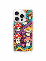 PhoneCasing iPhone 16 pro max Case, floral-focused fine art casing with bright orange daisy grouping settled at bottom left beside rolling rainbow grass slope lined with marching clown mushrooms, gift-ready boho art iPhone 16 pro max casing